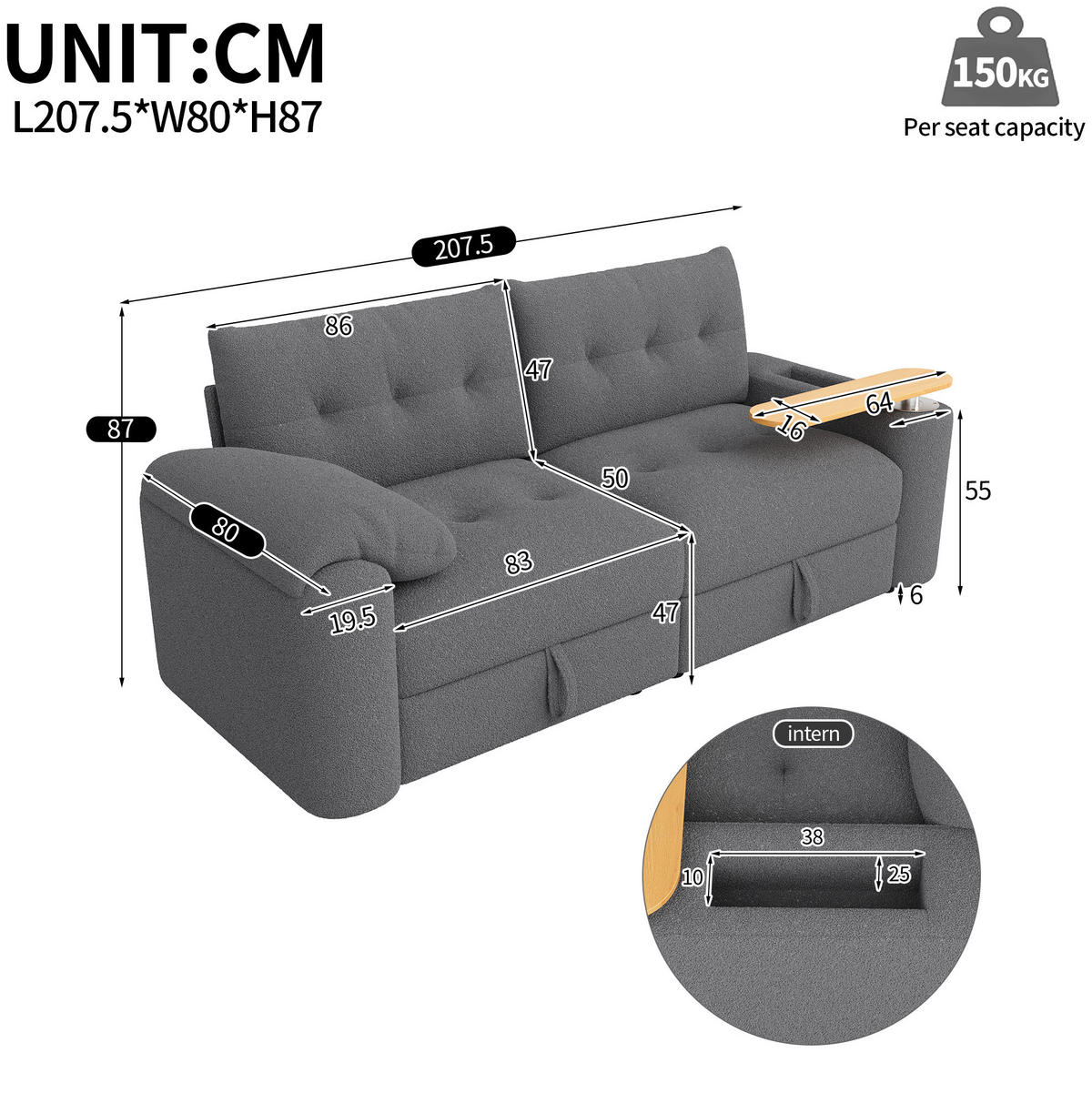SOFA mit Stauraum 207,5 x 80 x 87 cm Teddy Grau - Grau, Kunststoff (207.5/87/80cm) - Meubliv