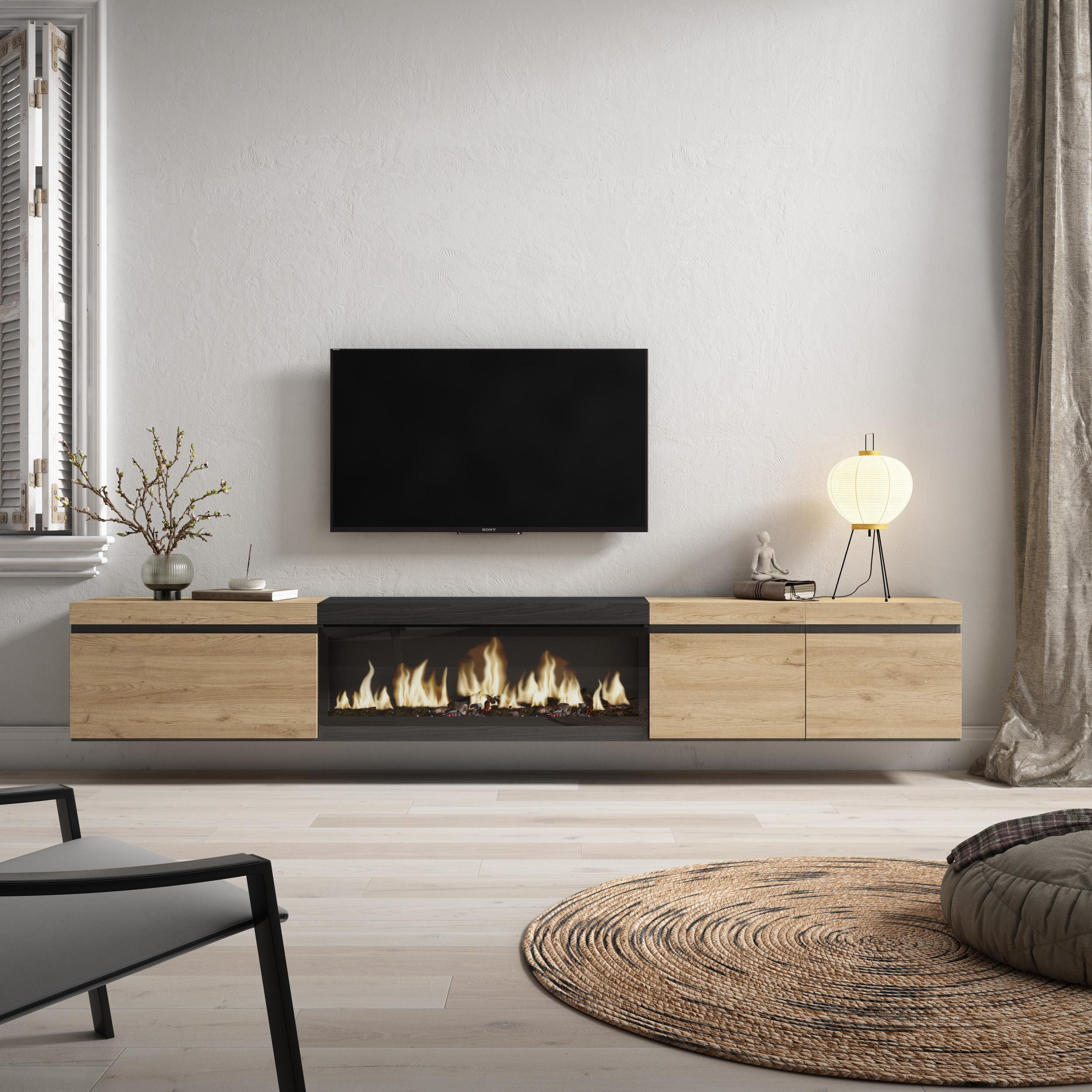TV-SCHRANK Lowboard, Elektrokamin XXL, Hängend, eiche, schwarz, 288/35/45cm - Eichefarben/Beige, Holzwerkstoff (288/45/35cm) - Skraut Home