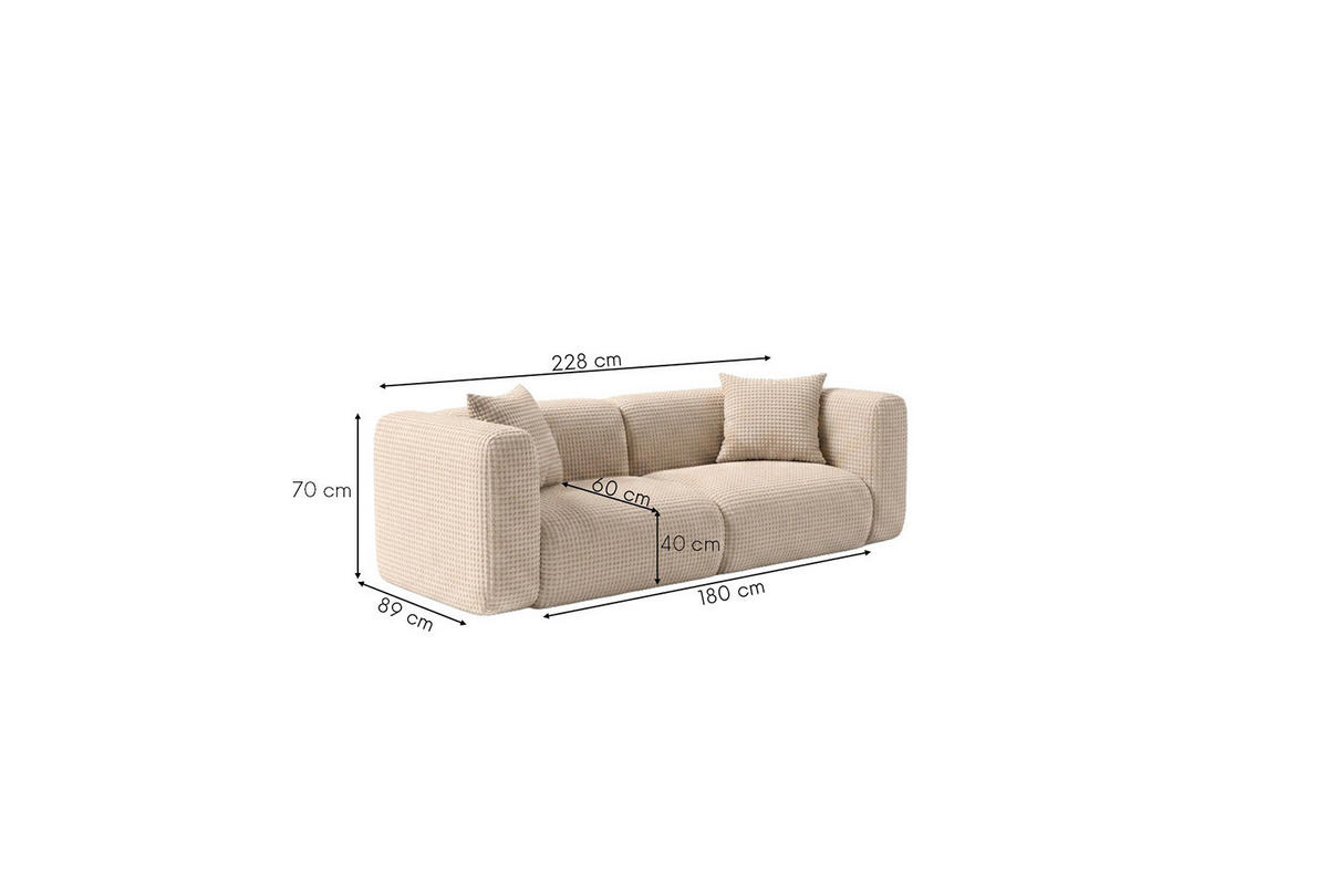 SOFA 2-Sitzer, Chenille-Stoff Cremona, Creme, GRETA - Creme, Holz (228/70/89cm) - Kaiser Möbel