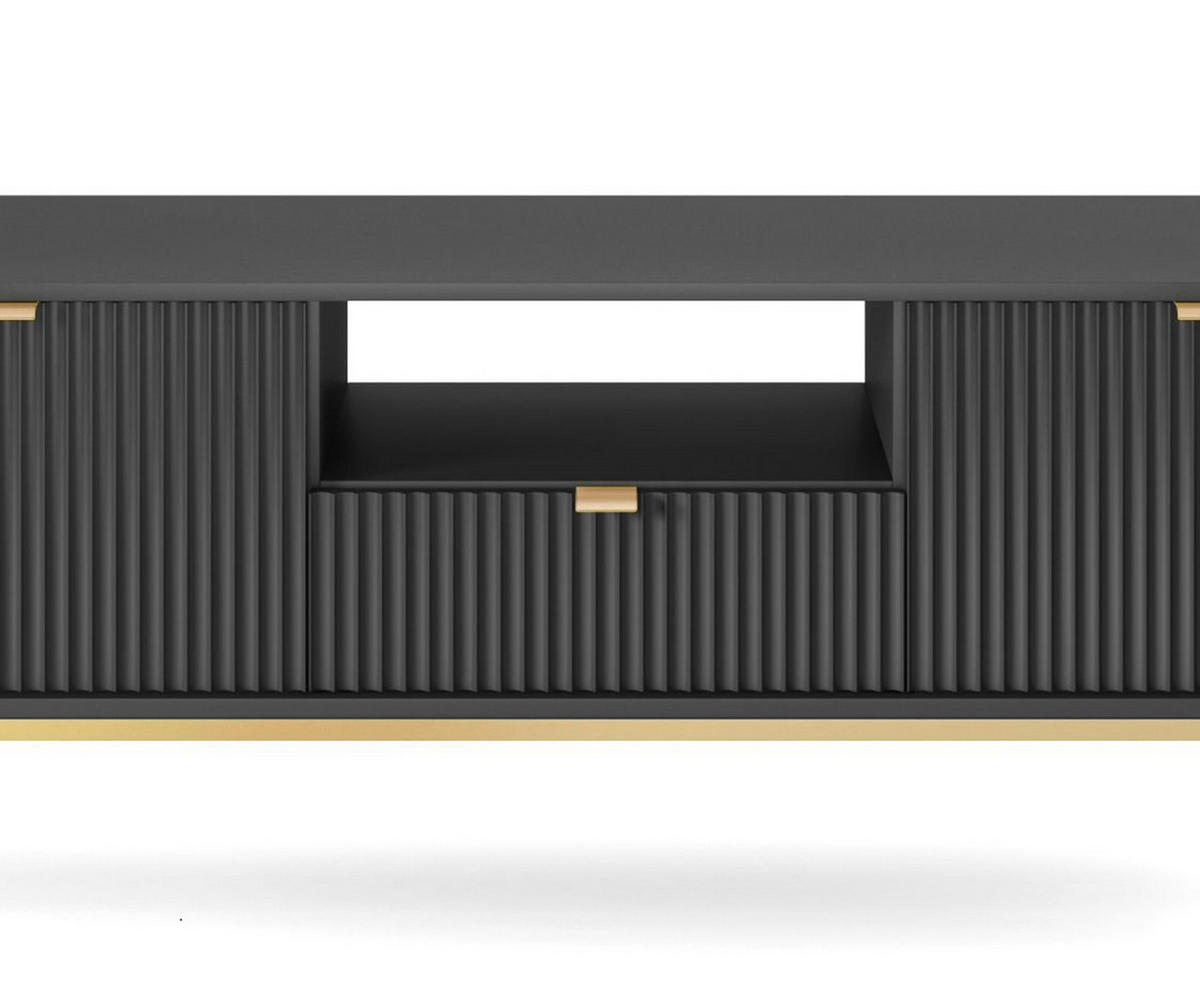 TV-SCHRANK NOVA Geriffelt Regal, 2 Türen, Schublade, Goldene Beine, 154x39x56cm, Schwarz - Goldfarben/Schwarz, Holzwerkstoff/Kunststoff (154/56/39cm) - DomoHome