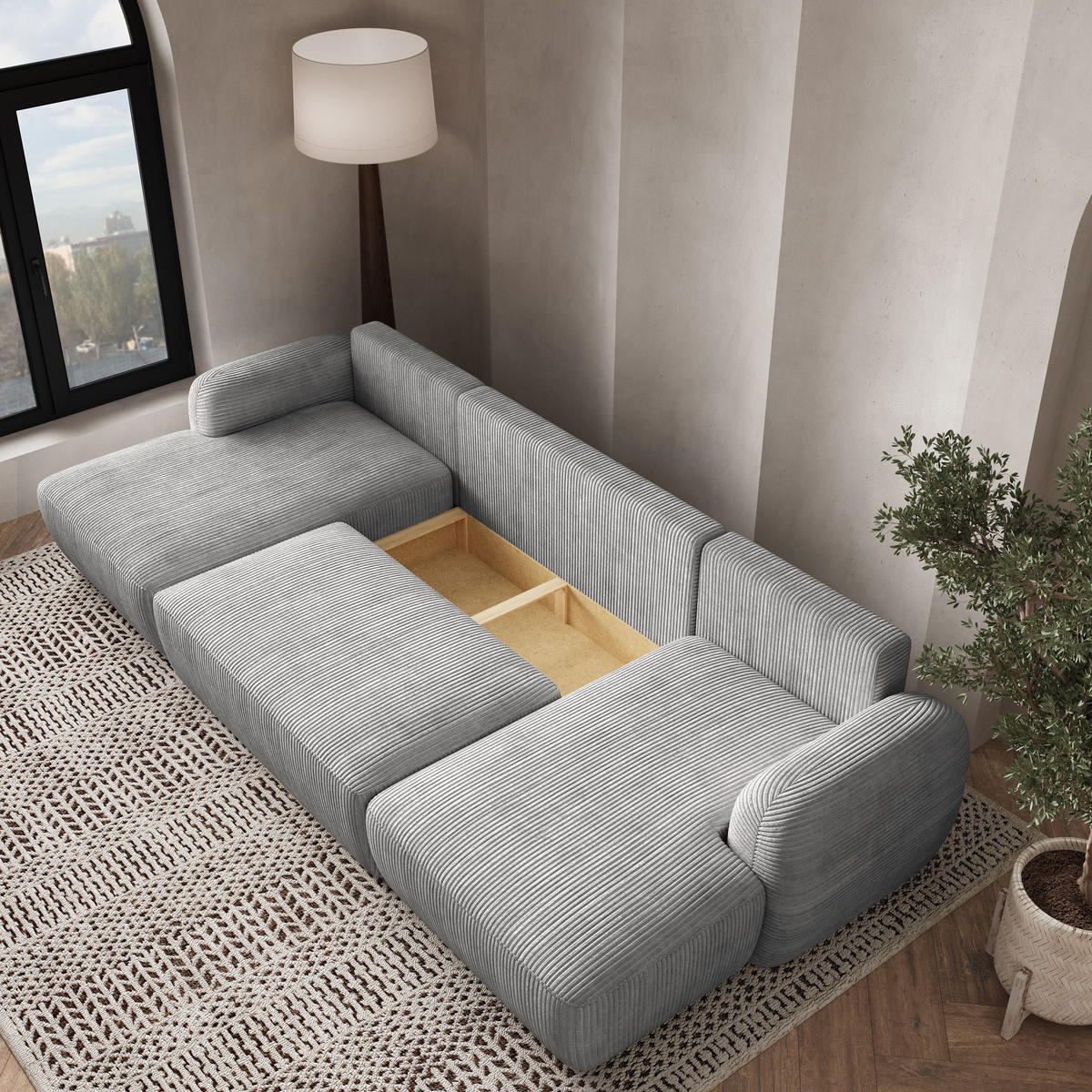 WOHNLANDSCHAFT SAVONA P Braun Kordstoff mit Schlaffunktion - Braun, Holz (350/90/148cm) - MASSENO