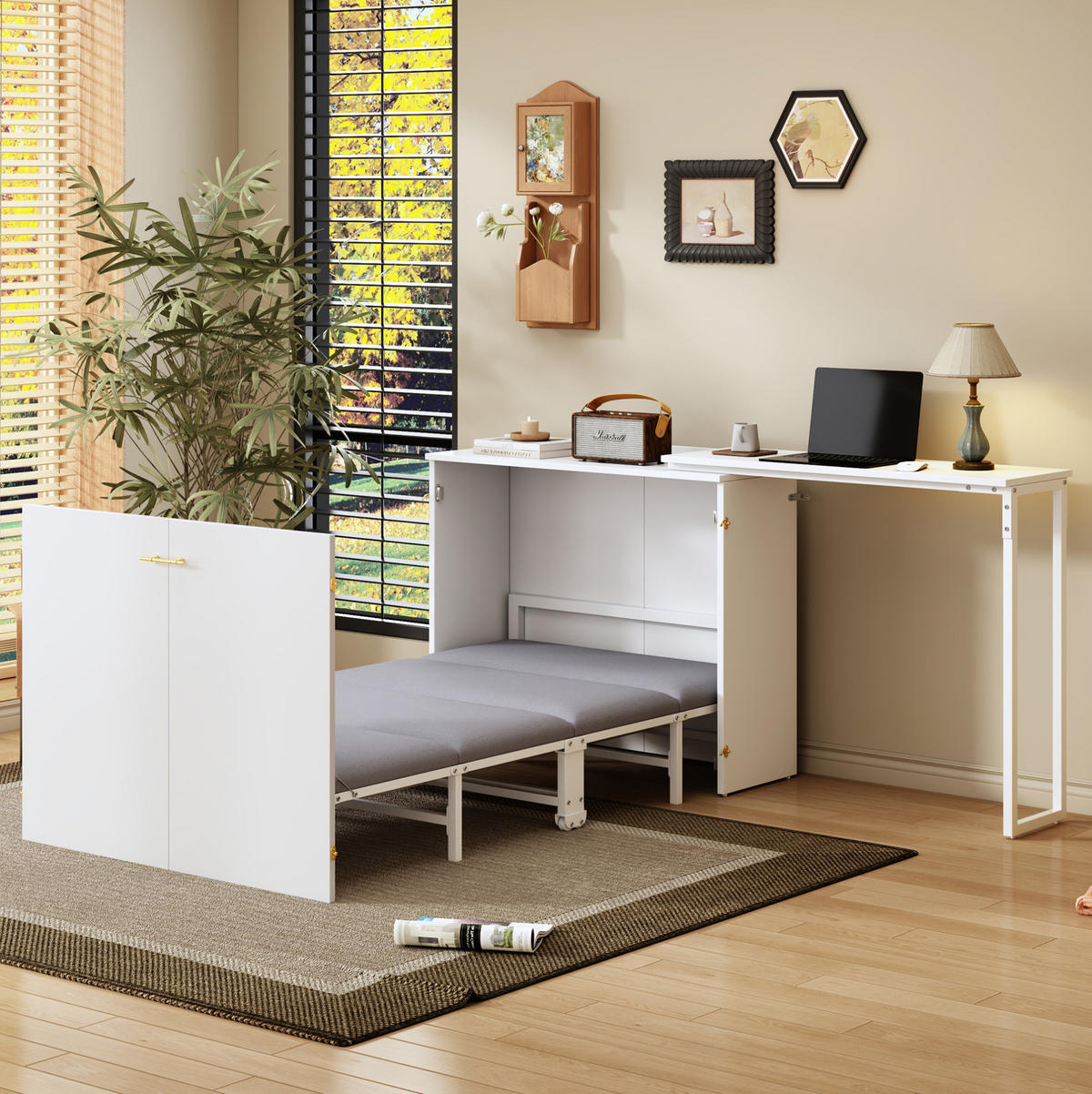 KLAPPBETT 90/200 cm mit drehbarem Schreibtisch, Matratze und Rollen, platzsparend aus Metall, Weiß/Holzfarbe - Weiß, Metall (90/200cm) - Redom