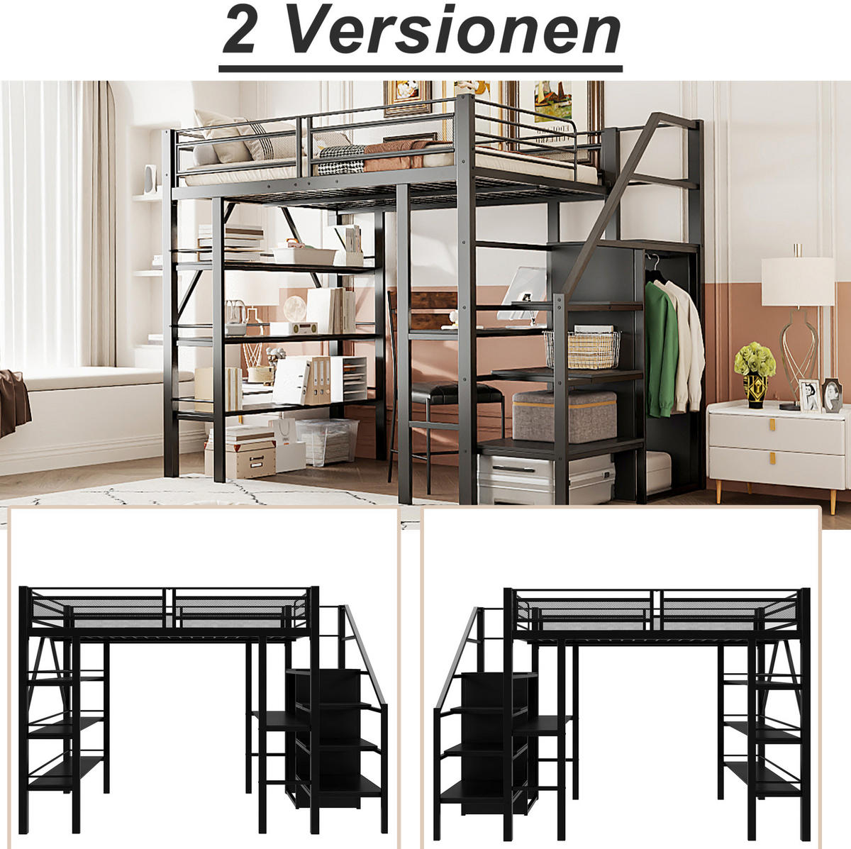 HOCHBETT 140/200 cm Schwarz aus Metall mit Schreibtisch und Kleiderschrank - Schwarz, Metall (140/200cm) - OKMYHOME
