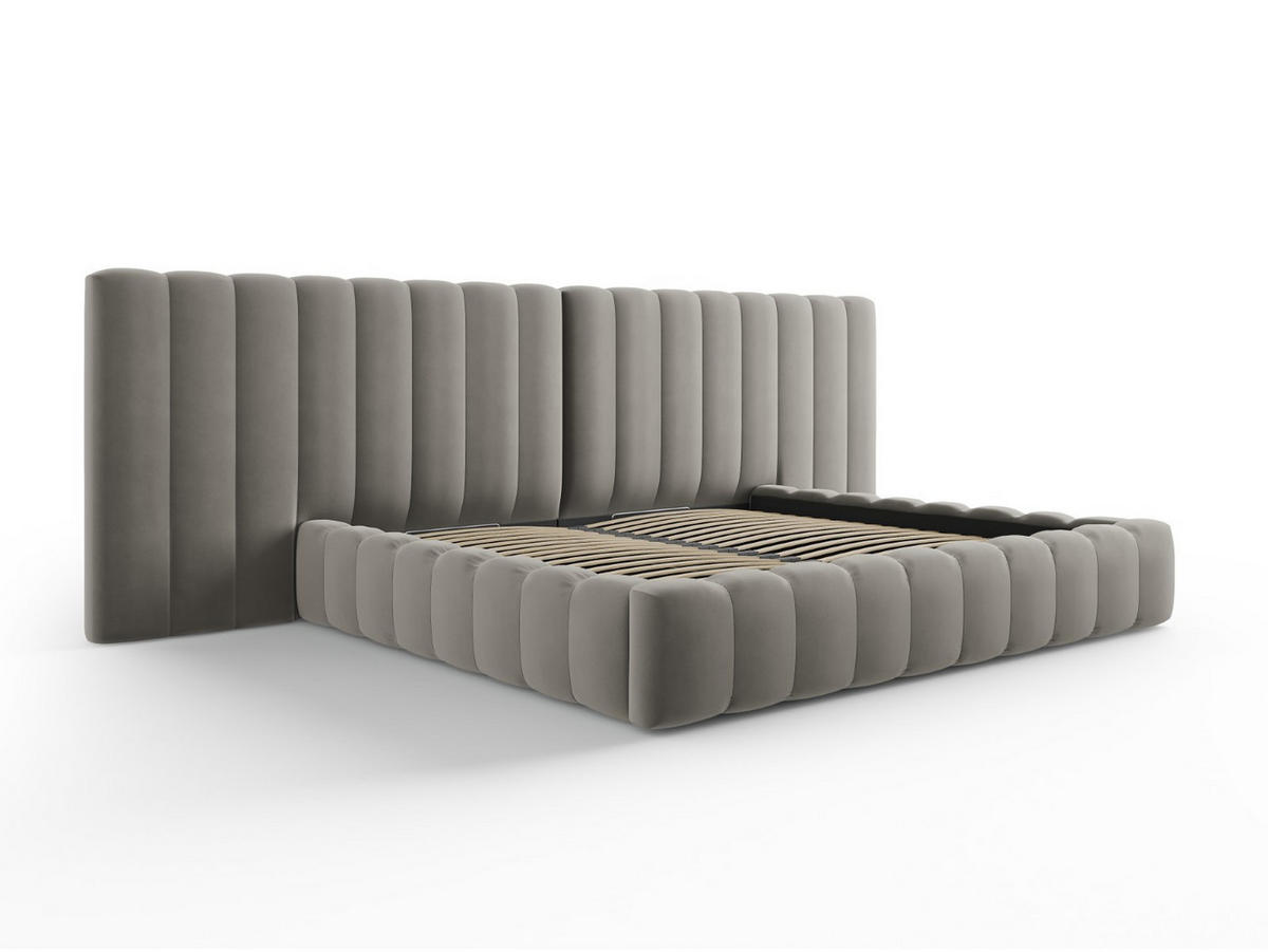 BETT mit Bettkasten und Doppelkopfteil Kelp aus Samt hellgrau 200x200cm - Hellgrau, Textil (200/200cm) - Micadoni