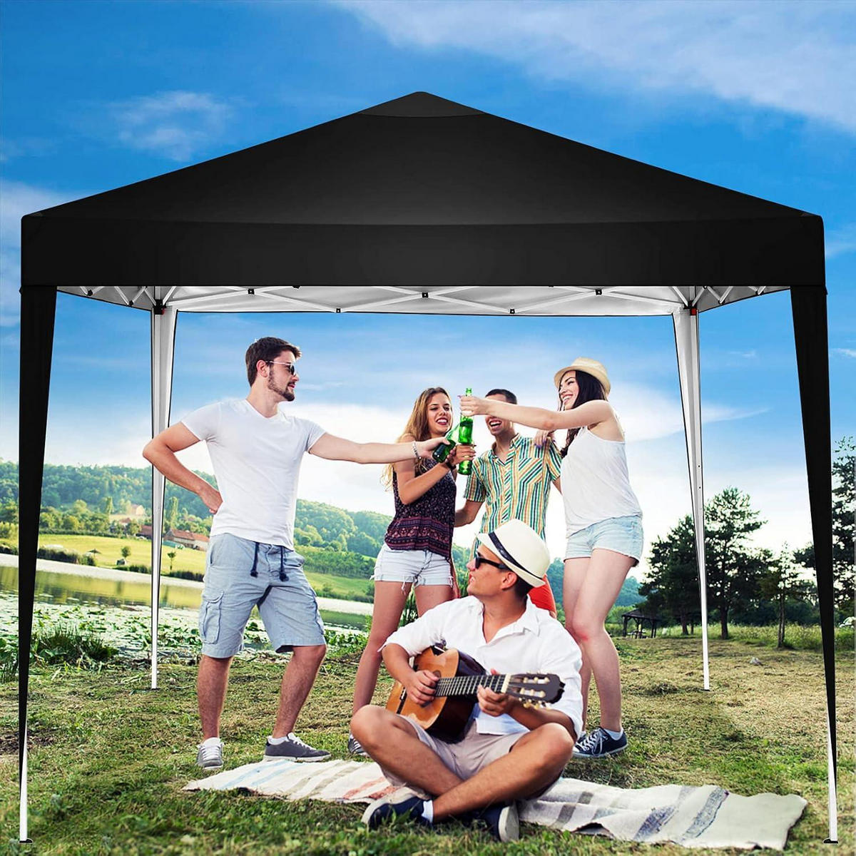 FALTPAVILLON 3 x 3 m Schwarz Wasserdicht Höhenverstellbar - Schwarz, Textil (299.7/259.1/299.7cm)