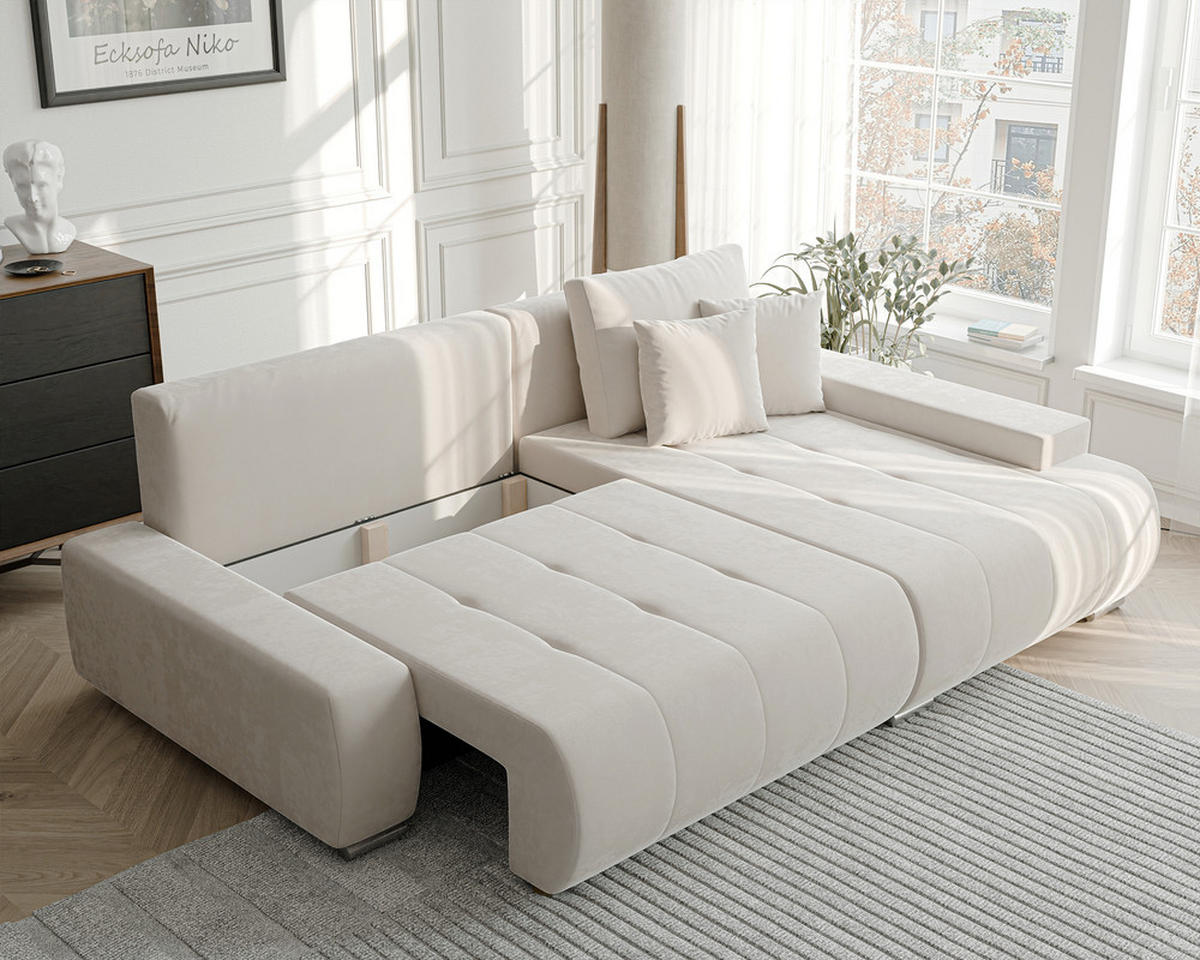 ECKSOFA NIKO Rechts, mit Schlaffunktion und Bettkasten, Creme - Creme, Textil (227/153cm) - Idohome