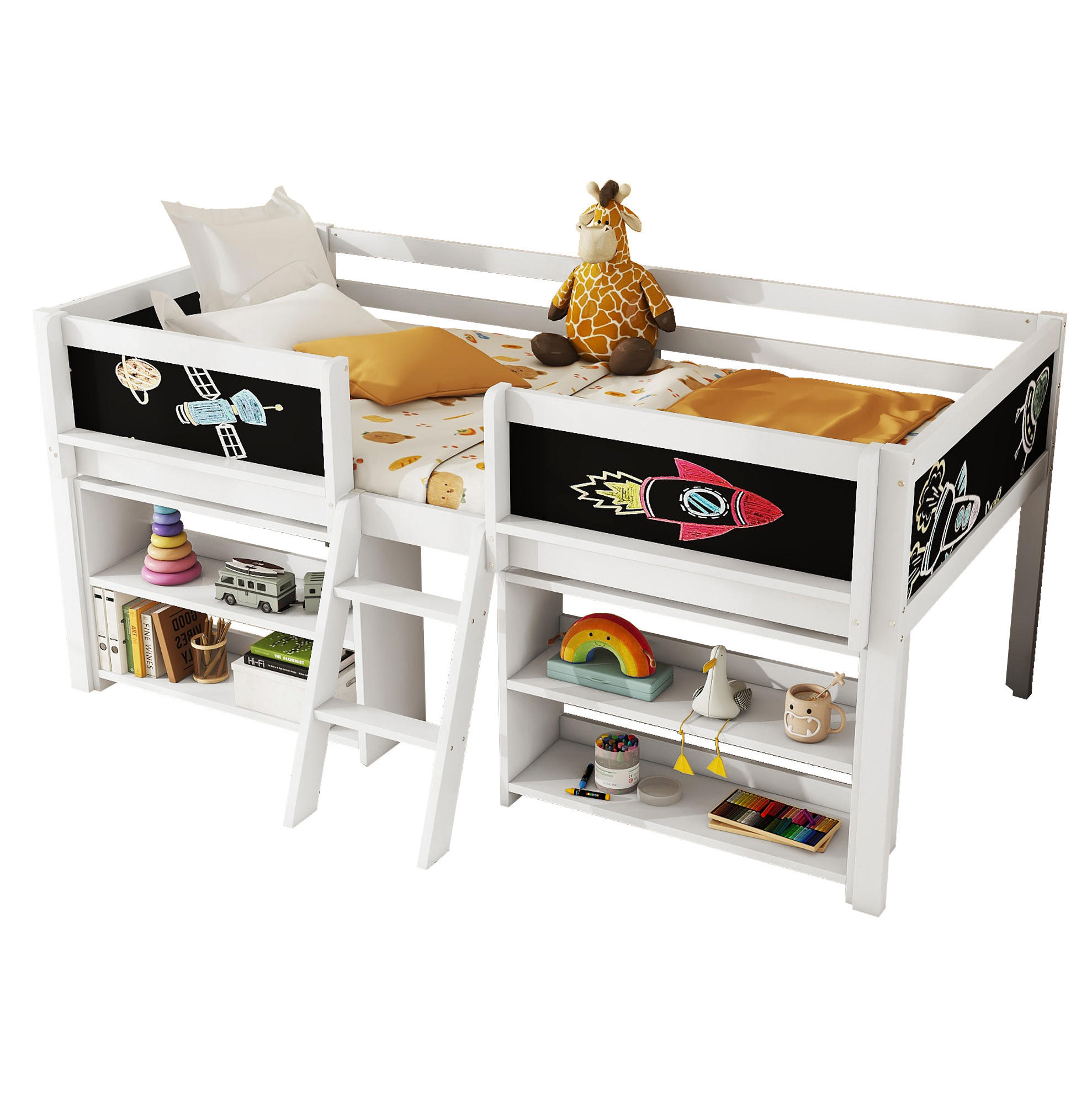 HOCHBETT 90/200 cm in Weiß mit Stauraum, Tafel, Leiter und Sicherheitsgeländer - Weiß, Holz (90/200cm) - Flora Grace