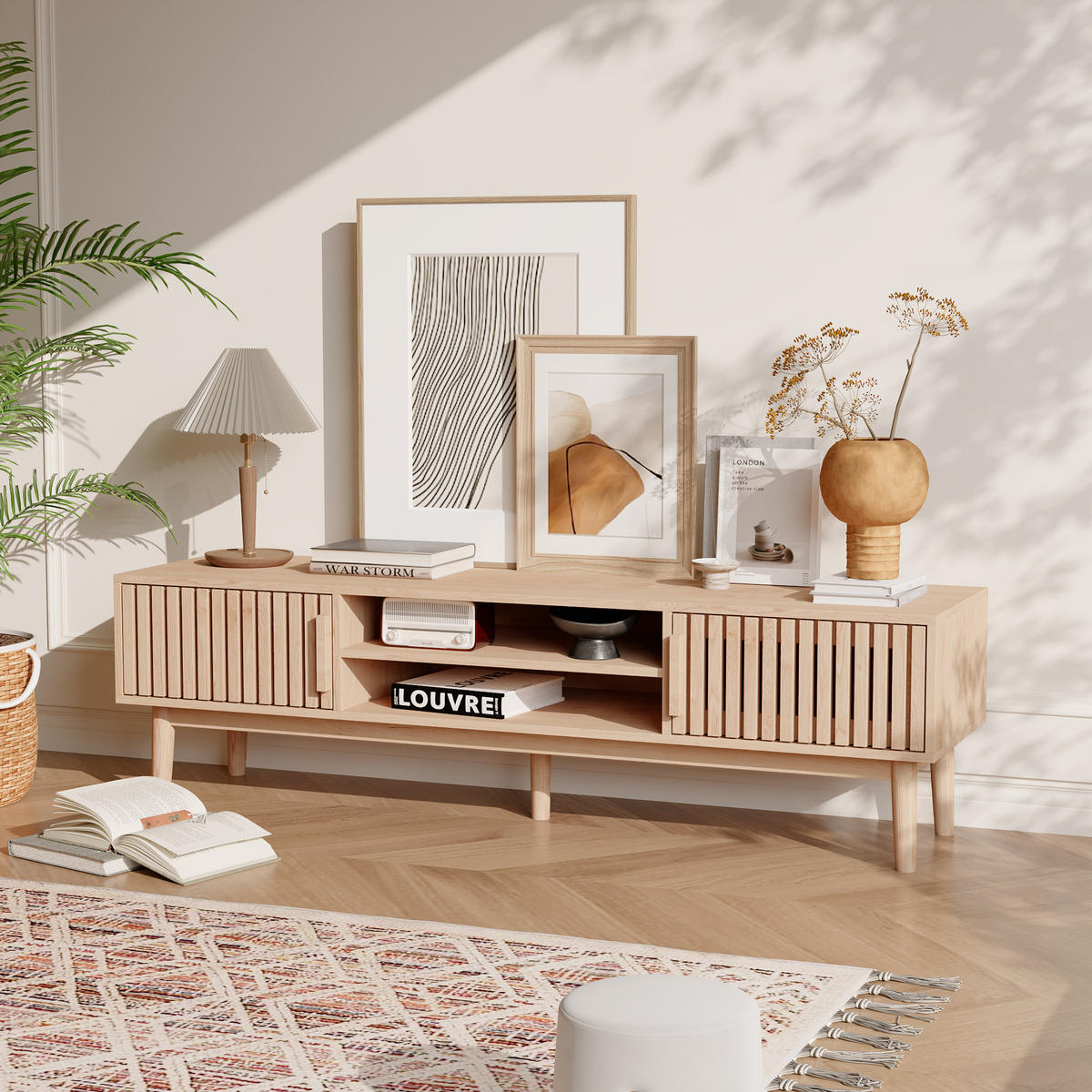 TV LOWBOARD 150x40x48 cm Ablagefächer Holz Art Deco - Naturfarben, Holz (150/48/40cm) - LEBENLANG