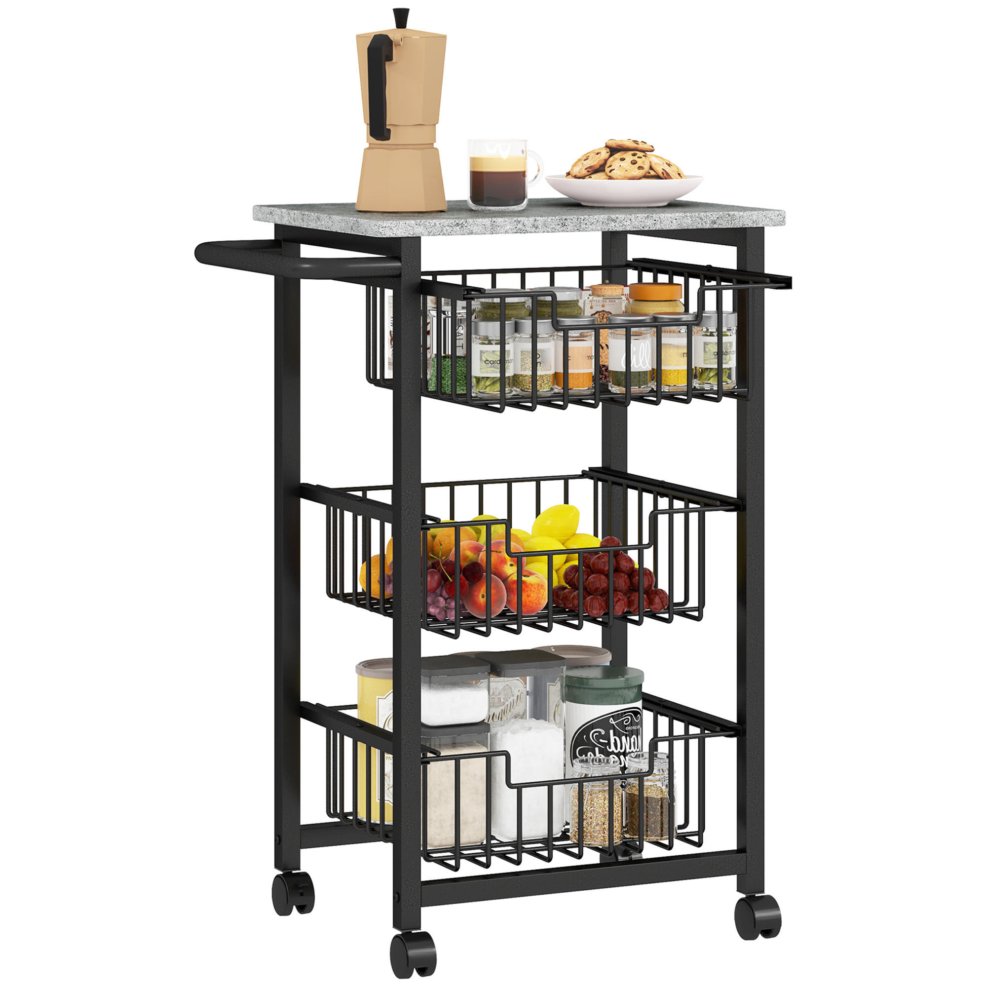 KÜCHENWAGEN DE-10343 3 Stahlkörbe und Rollen Hellgrau/Schwarz - Hellgrau, Metall (31/69/49.5cm) - ComfortXL