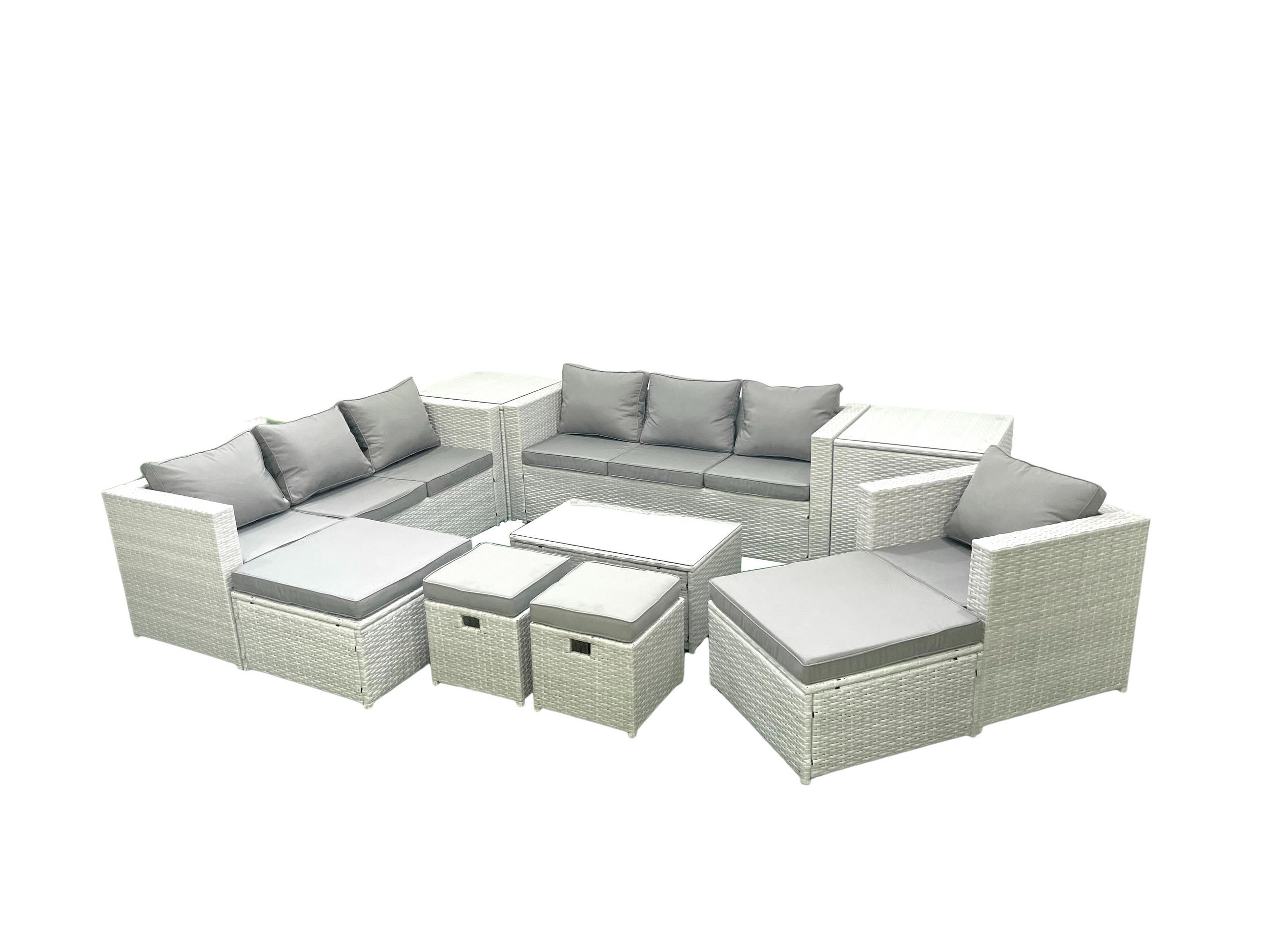 GARTENSET mit 3-SITZER SOFA,COUCHTISCH Polyrattan Hellgrau-Mix 11-Sitzer - Hellgrau/Grau, Glas/Kunststoff - Fimous