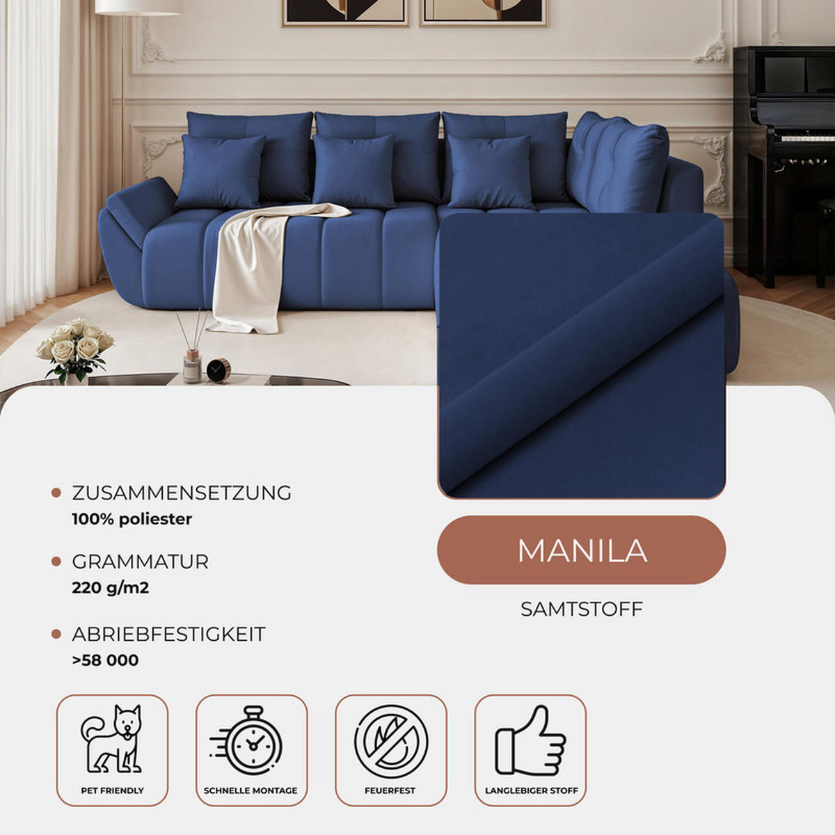 ECKSOFA DOLCE mit Schlaffunktion und Bettkasten Blau - Blau, Holzwerkstoff/Kunststoff (266/190cm) - Idohome