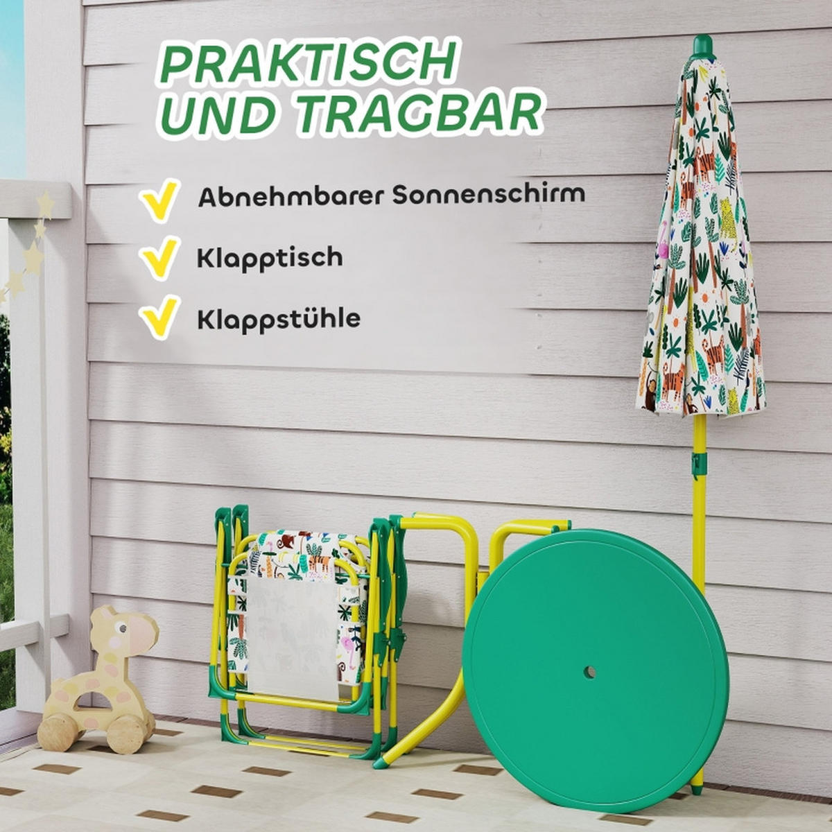 KINDER-GARTENMÖBEL 4 tlg KindersitzgruppeOutdoor 49,5x49,5x50cm Mit Sonnenschirm - Grün, Textil - Raelunyi