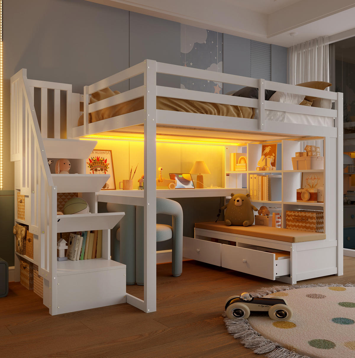 HOCHBETT 140/200 cm weiß aus MDF und Kiefer mit Schreibtisch, Regalen, 2 Schubladen und LED - Weiß, Holzwerkstoff (140/200cm) - OKWISH
