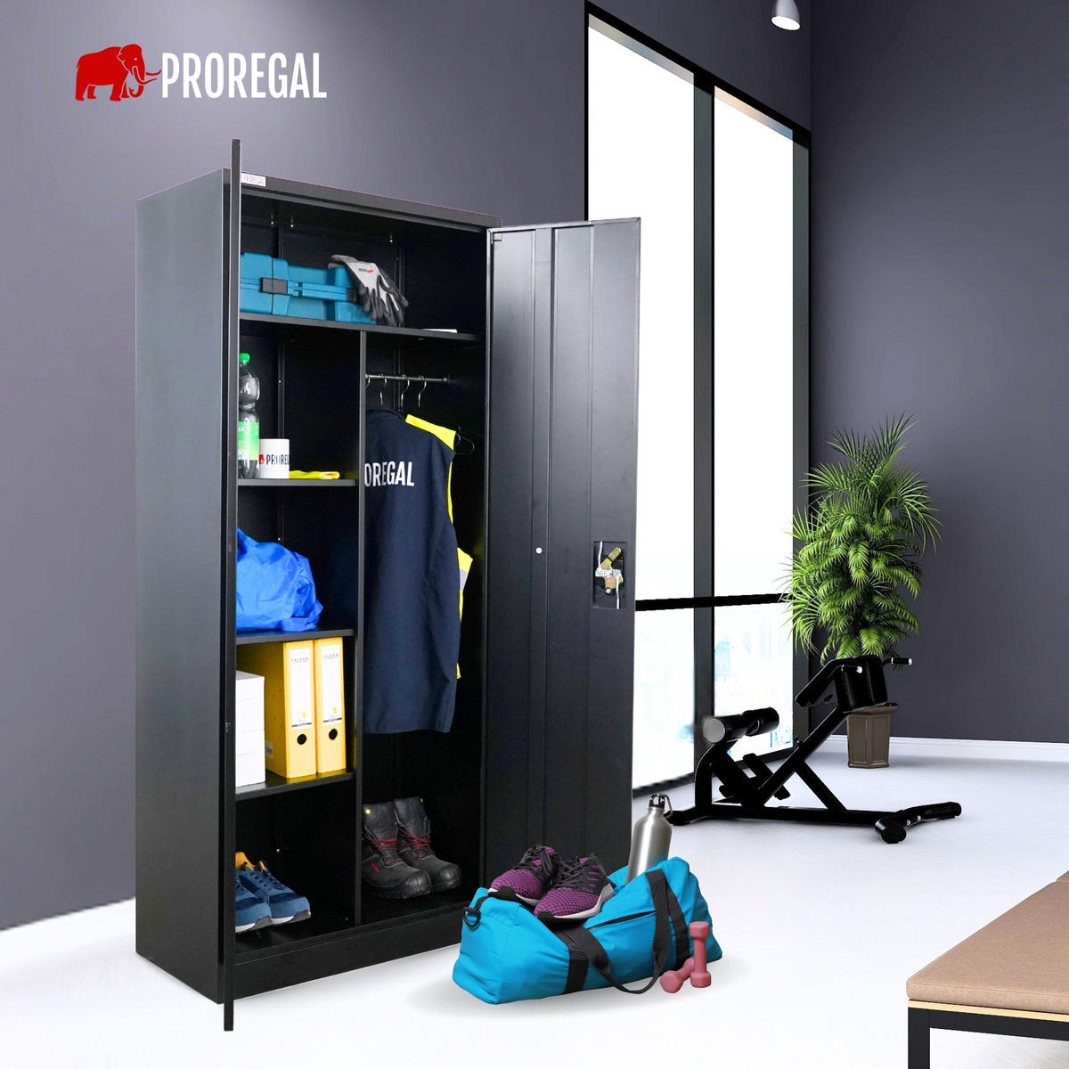 FLÜGELTÜRENSCHRANK Elephant komplett montiert 180x80x40cm 6 Fächern & Kleiderstange Schwarz - Schwarz, Metall (80/180/40cm) - PROREGAL