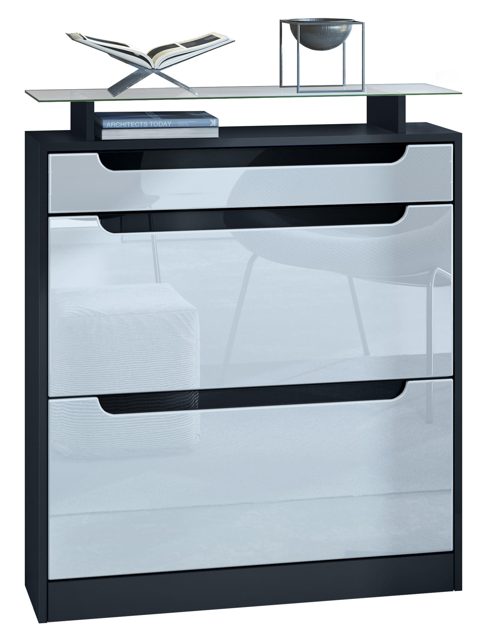SCHUHSCHRANK Fiesta Weiß Hochglanz / Schwarz Hochglanz - Weiß Hochglanz, Holzwerkstoff (89/104/23cm) - Vladon