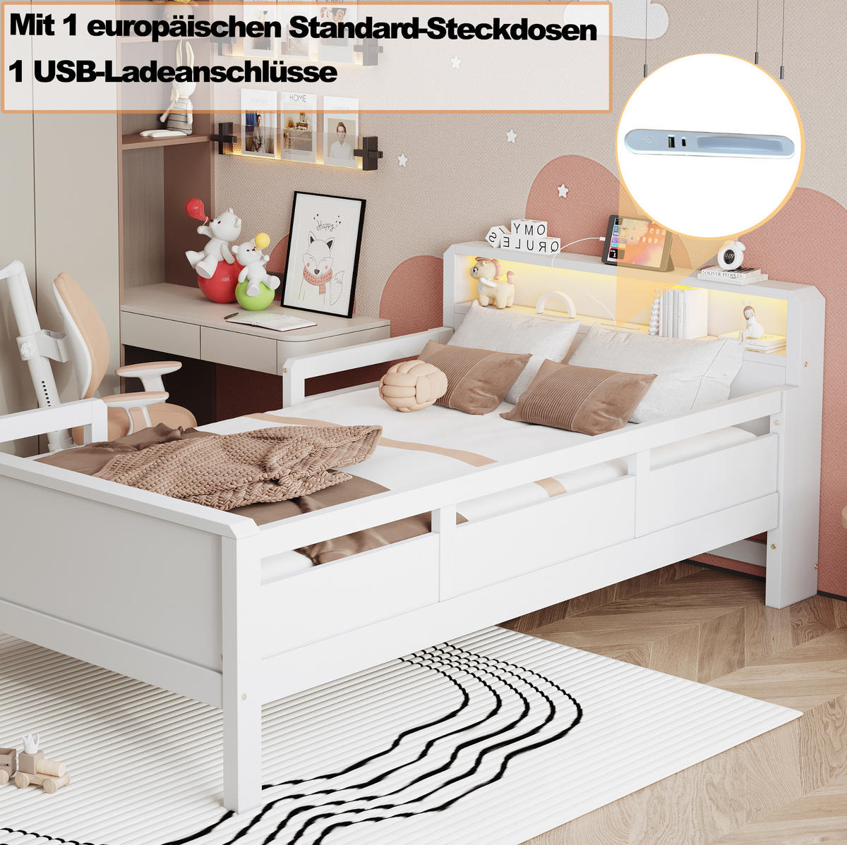 KINDERBETT 90/200 cm Weiß aus Kiefernholz mit LED-Leuchte und Ablagefach - Weiß, Holz (90/200cm) - OKMYHOME