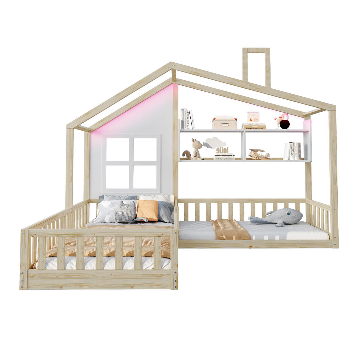 HAUSBETT 90/200 cm naturfarben weiß aus Massivholz mit LED und Regal - Naturfarben, Holz (90/200cm) - OKWISH