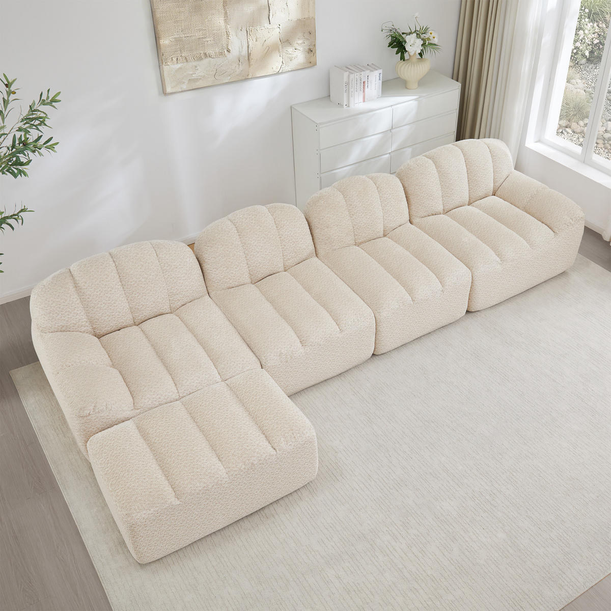4-SITZER ECKSOFA Granulierter Fleece Beige & Weiß mit Ottomane - Beige, Textil (366/165cm) - WISHDOR
