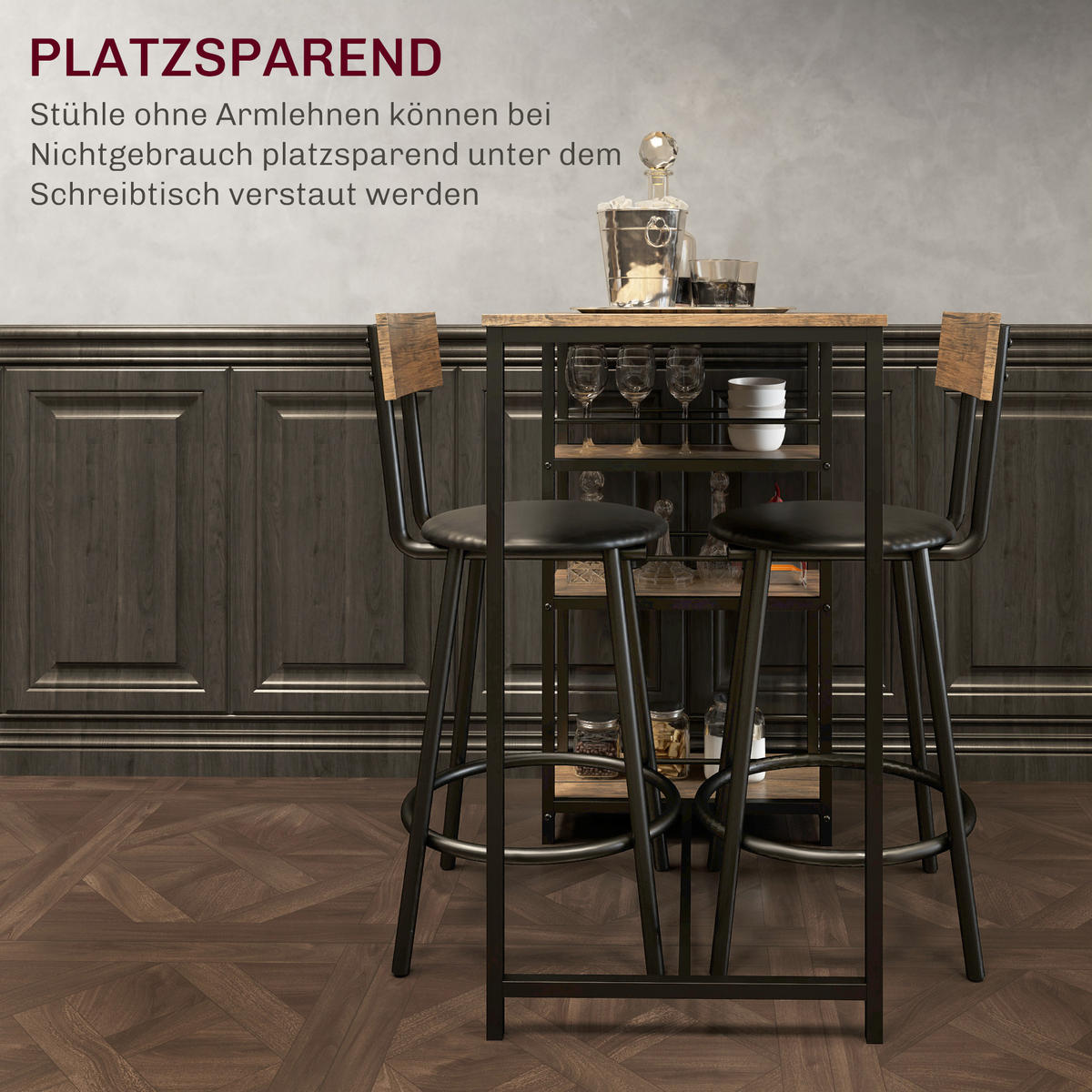 BARTISCH mit Barhocker Set, 3-tlg. Bartisch-Set mit Küchentisch, 2 Barstühlen - Naturfarben, Metall (50/90.5/90cm) - HOMCOM