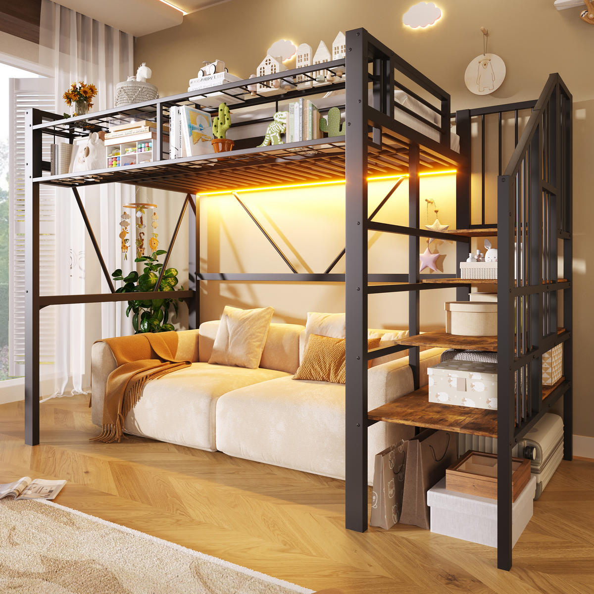 HOCHBETT 90/200 cm in Schwarz mit Stufenregal, Gitterelementen, Stauraum und LED aus Metall und MDF - Schwarz, Metall - STILVORA