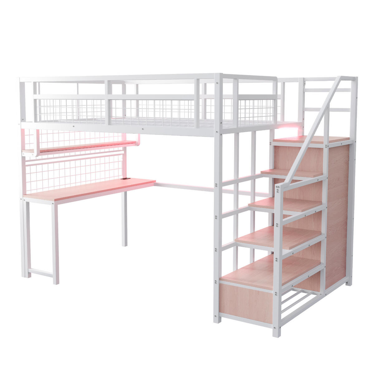 HOCHBETT 140/200 cm aus Metall mit Schreibtisch, Ablage und Kleiderschrank, Weiß - Weiß, Metall (140/200cm) - OKMYHOME