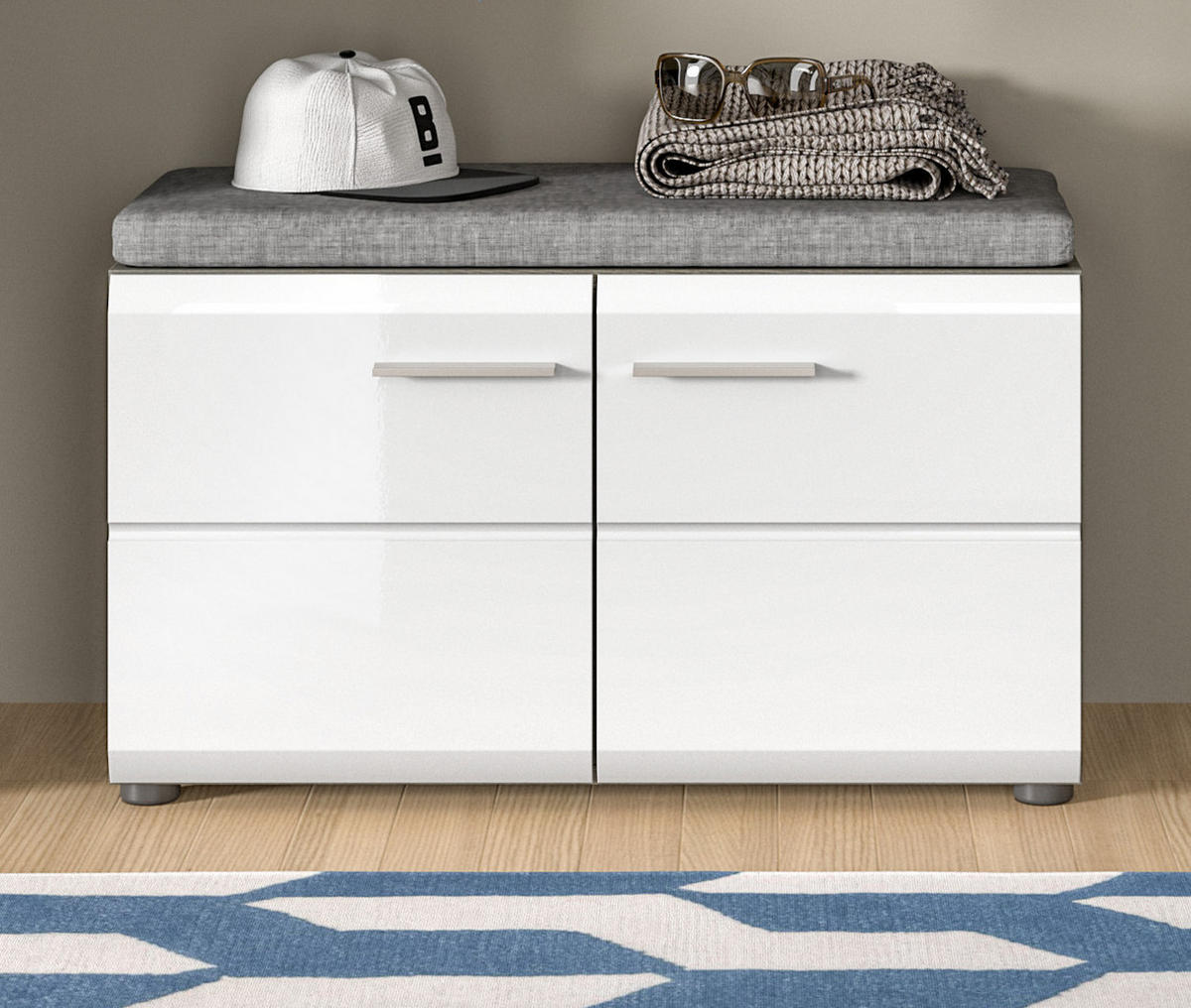 GARDEROBENBANK weiß Hochglanz, grau 80 cm, Schuhbank mit 4 Fächern - Weiß Hochglanz/Silberfarben, Holzwerkstoff/Kunststoff (80/44/37cm) - Inn.Furn