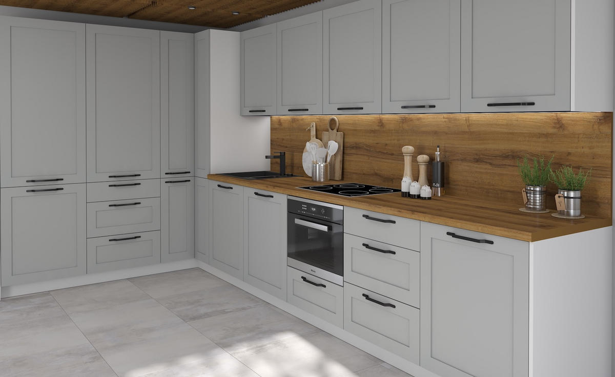 KÜCHENLEERBLOCK Oslo weiß matt / dust grey matt 212cm / 392cm / 207cm 13-teilig mit Teilauszug (Blum Metabox) - Weiß/Grau, Holzwerkstoff/Metall (212/207/392cm) - Feldmann-Wohnen