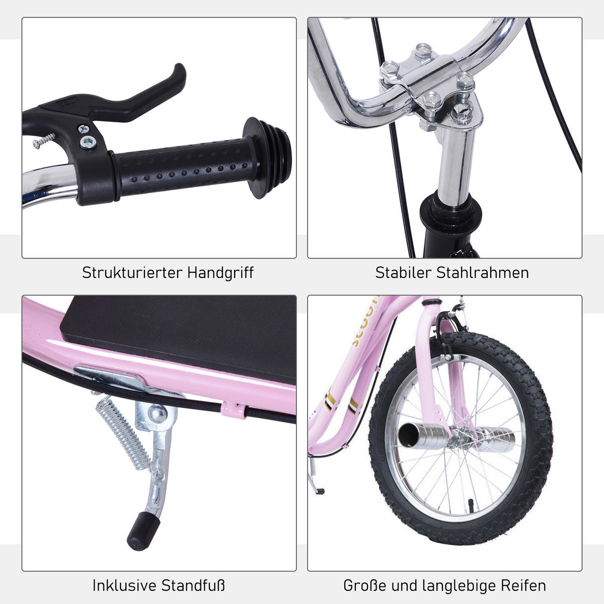 KINDERROLLER mit Luftreifen Scooter Roller Kinder Roller Kickboard 16 Zoll Rosa - Rosa, Metall (143/58/100cm) - HOMCOM