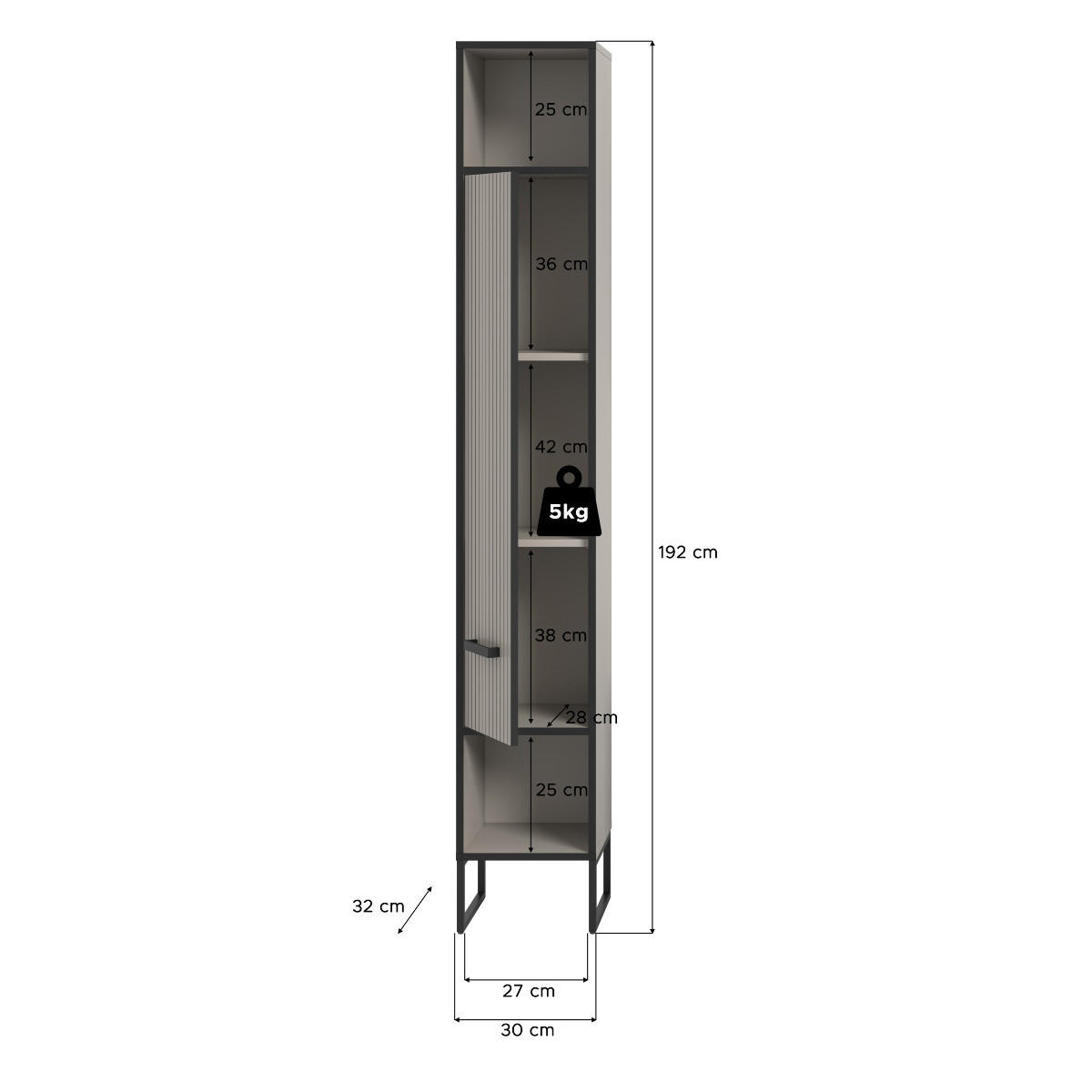 BADEZIMMERSCHRANK mit 1 Tür und 2 Nischen, Kaschmir 32/192/30 cm - Beige, Holzwerkstoff (32/192/37.4cm) - Calicosy