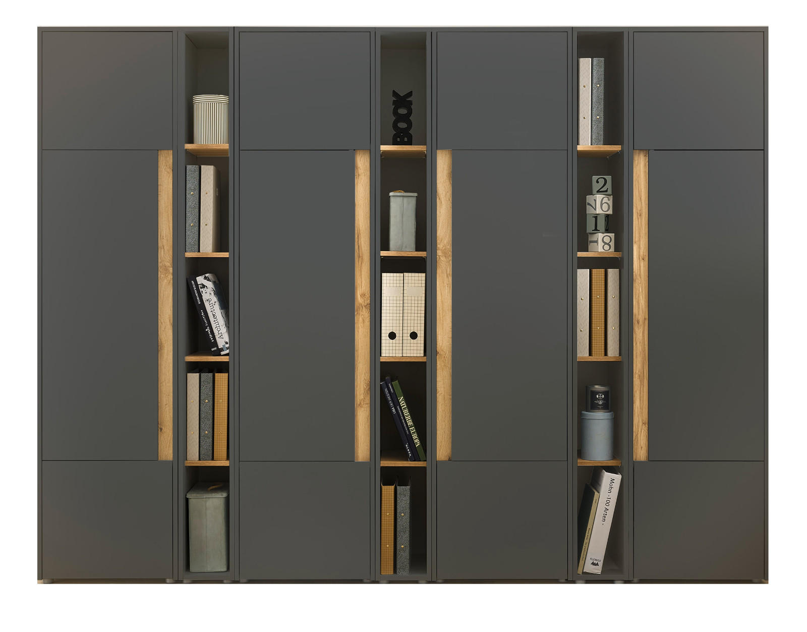 AKTENSCHRANK Set 7-teilig grau matt, Eiche Wotan 260 x 200 cm, Schrank-Regal-Kombination mit 35 Fächern - Eichefarben/Eiche Wotan, Holzwerkstoff/Kunststoff (260/200/40cm) - Furn.Design