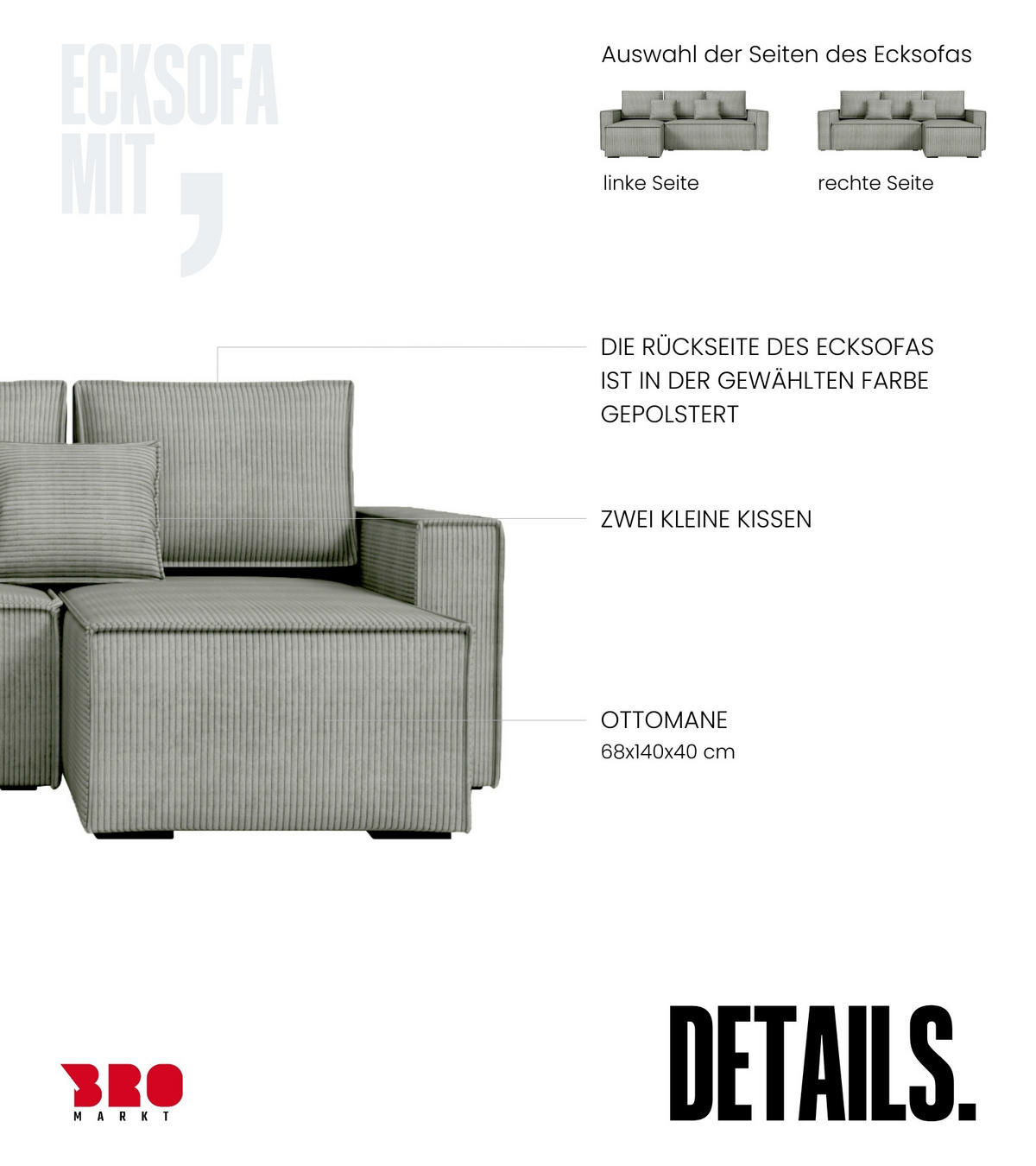 ECKSOFA Dexter mit Schlaffunktion Grau Cord - Hellgrau, Textil (238/141cm) - Bromarkt