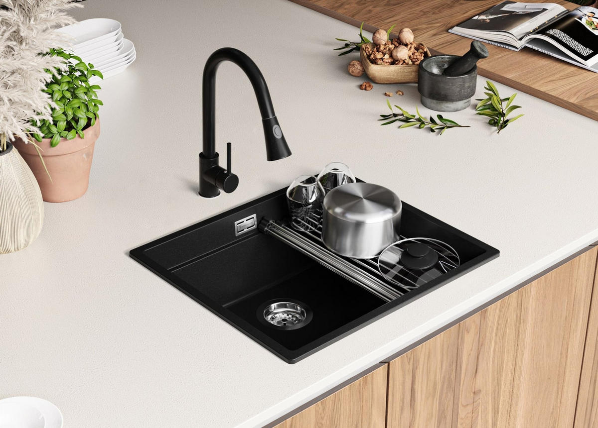 SPÜLBECKEN Praga Slim, 2-er set Alles Schwarz 56/47 cm 1 Becken + Ablauf-Set + Aufrollbare Abtropffläche ab 60er Unterschrank - Schwarz, Kunststoff (56/20/47cm) - Primagran