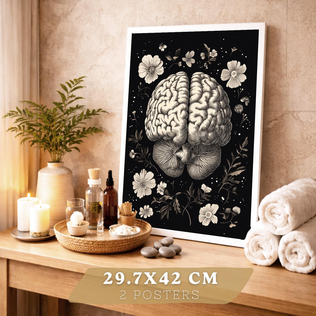 POSTER Set aus 2 Anatomie Mensch Drucke und Wandbilder mit Gehirn und Herz Monochromes Florales Design Schwarzer Hintergrund Größe Weißer Rahmen A3 - Weiß, Papier (29.7/42/3cm) - Nacnic