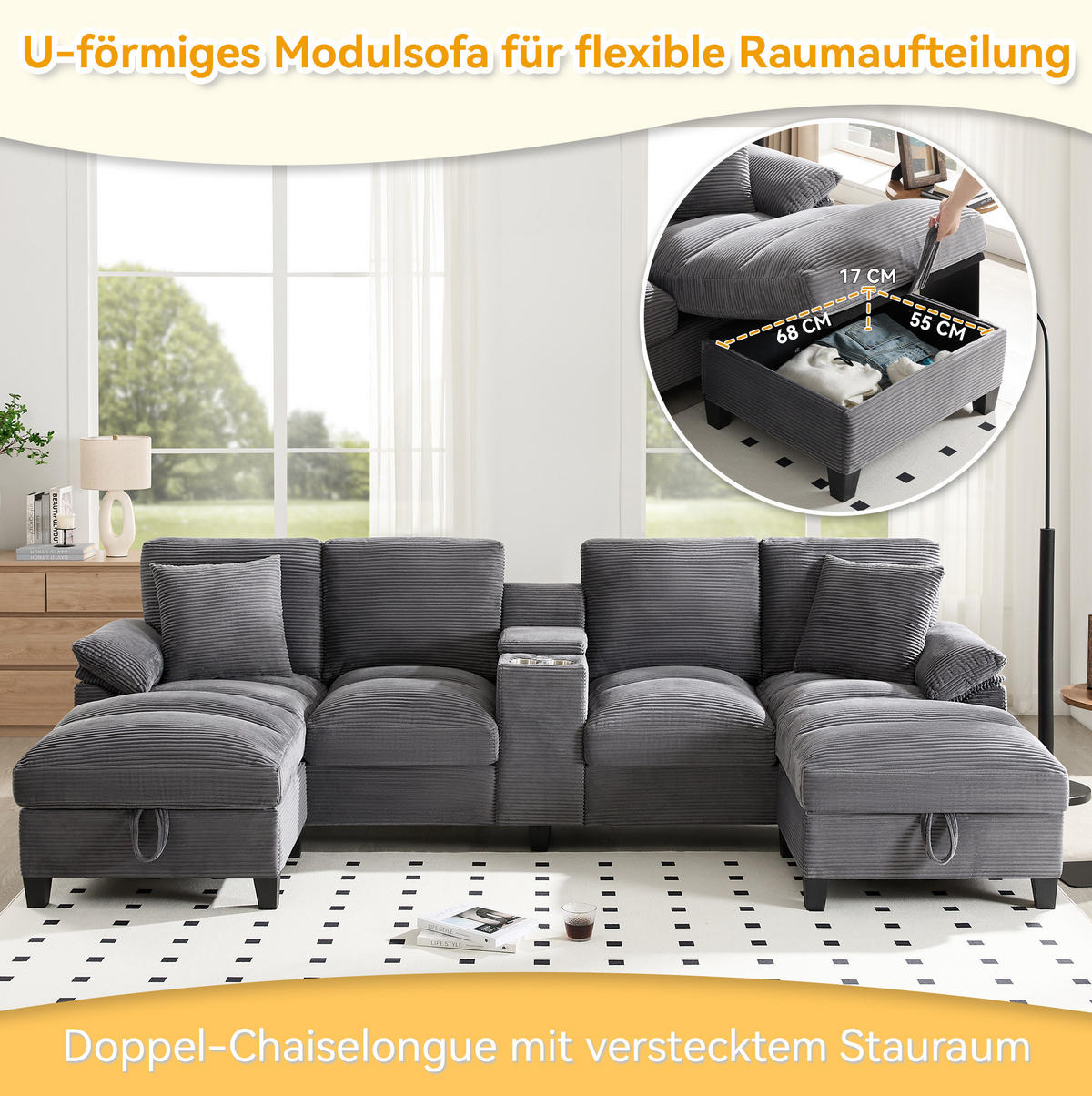 WOHNLANDSCHAFT U-Form 293/142/93 cm in Grau – mit Stauraum, USB und Getränkehalter - Grau, Textil (93/293/142cm) - BEAOK