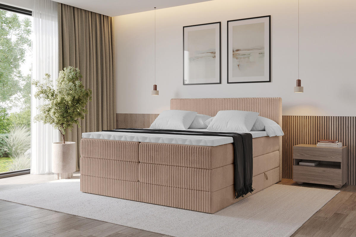BOXSPRINGBETT mit Matratze H3|H4 und Lattenrost - TOLO KING 120x200 Cord - Beige - Sandfarben, Holzwerkstoff (120/200cm) - ALTDECOR