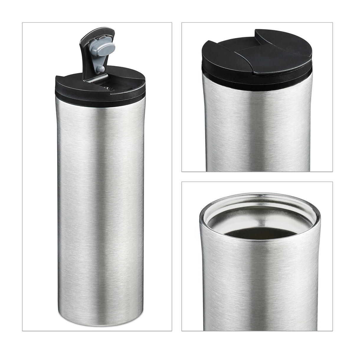 THERMOBECHER - Silberfarben, Kunststoff/Metall (0.4L) - Relaxdays