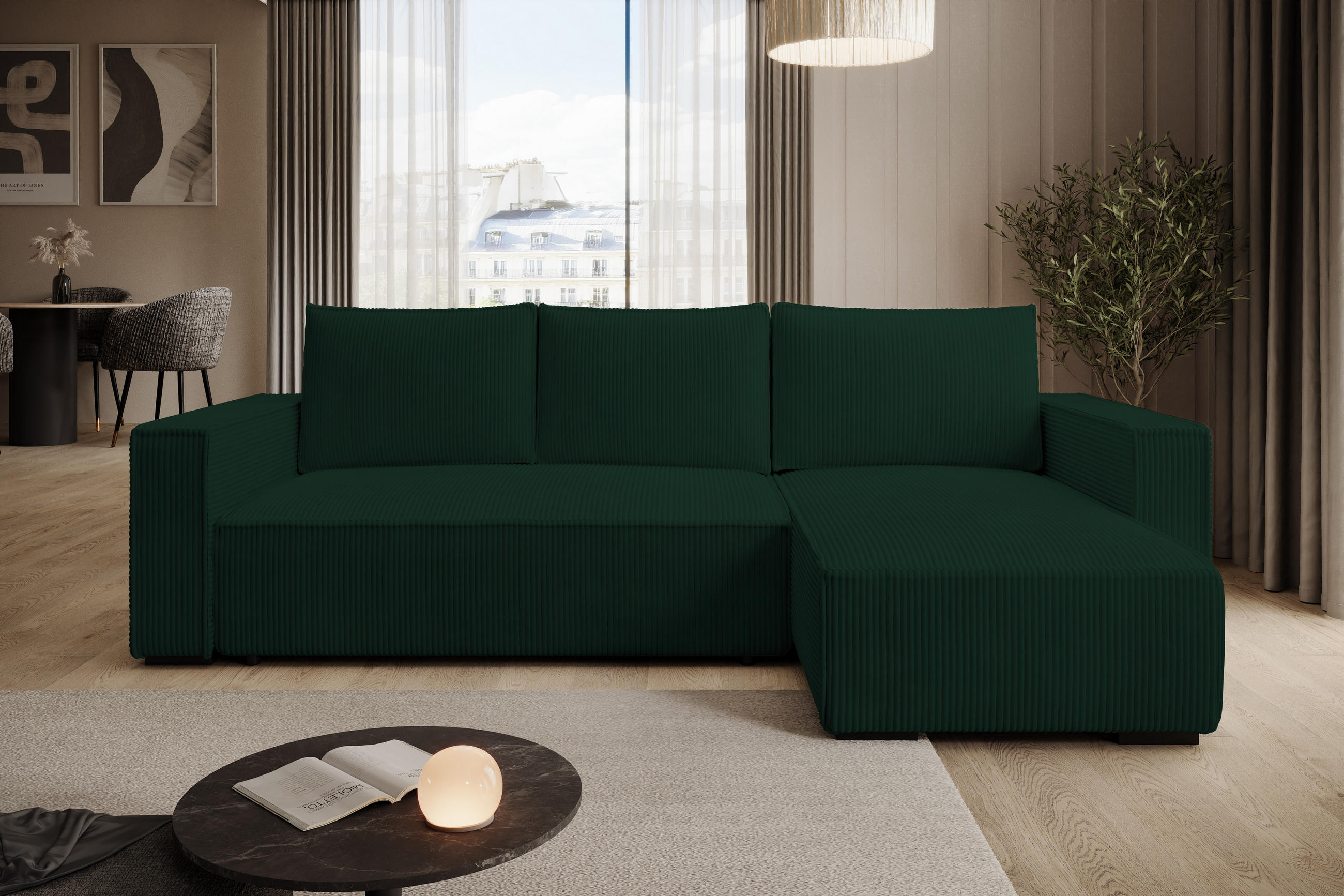 ECKSOFA CUDDY L, Eckcouch in L-Form mit Schlaffunktion und Bettkasten, Farbe: Grün, Cordstoff, Ottomane Rechts - Grün, Textil (240/140cm) - Storez24