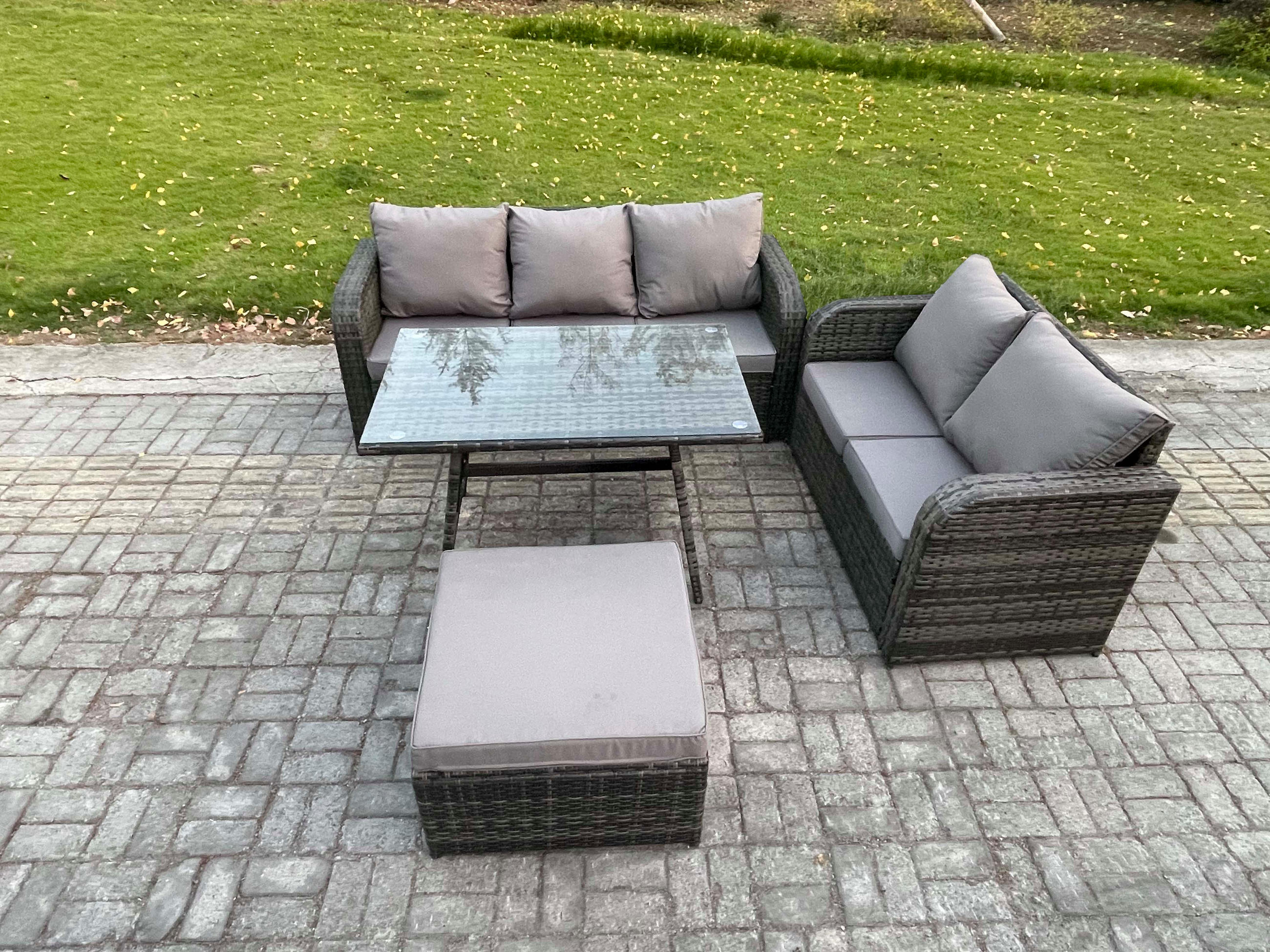 GARTENMÖBEL SET Polyrattan Dunkelgrau 6-Sitzer - Dunkelgrau/Grau, Glas/Kunststoff - Fimous