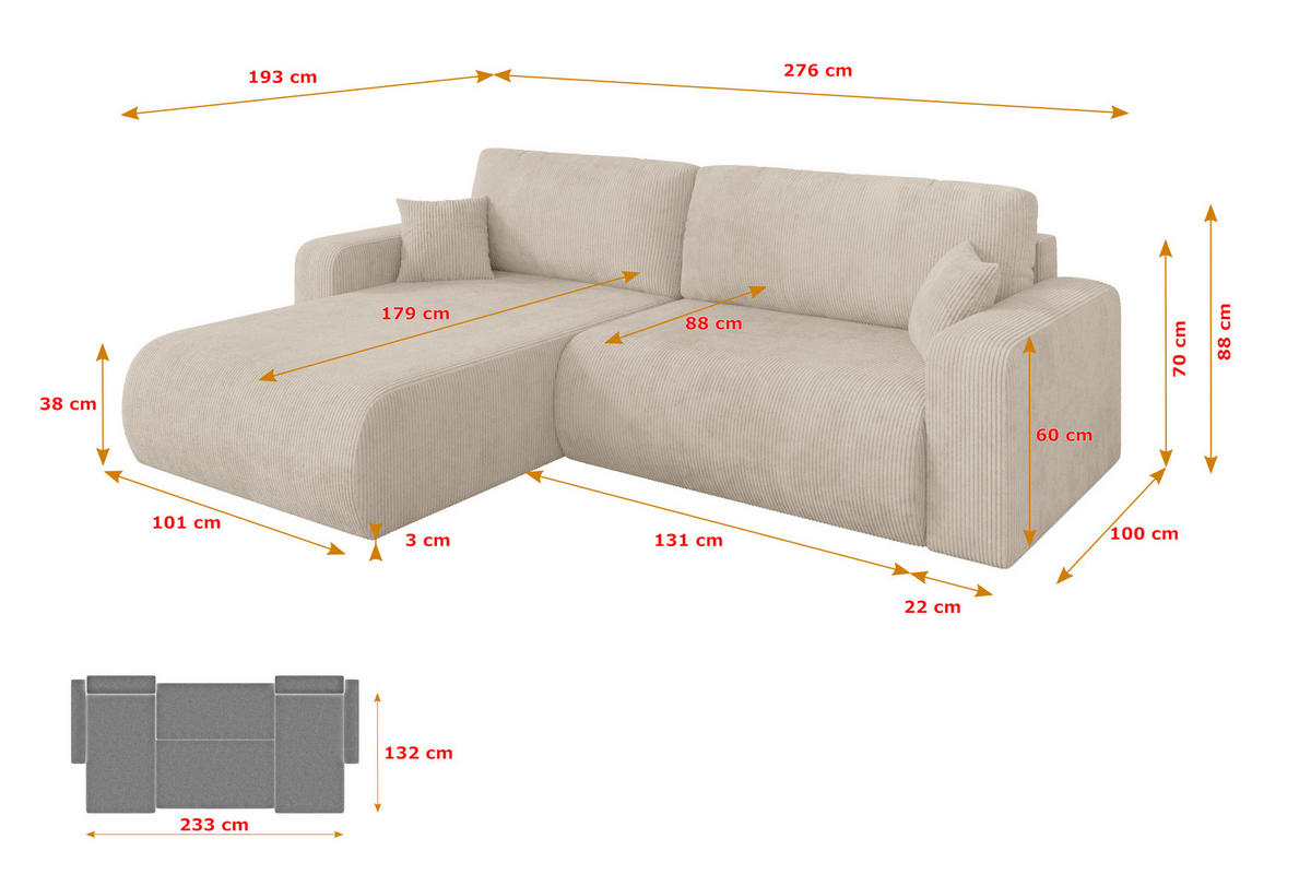 ROHOVÁ SEDAČKA s funkcí spaní, otoman vlevo BERY-L 276x193x88 béžová manšestr - černá/béžová, kompozitní dřevo/textil (276/193cm) - ALTDECOR