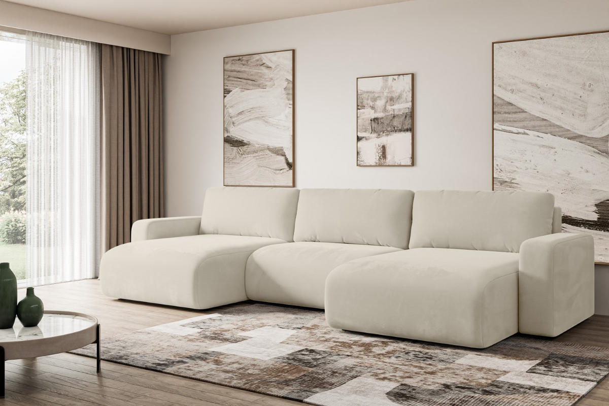 WOHNLANDSCHAFT mit Schlaffunktion und Bettkasten KLEEA-U - 347x143x83 cm Beige Velours - Beige/Creme, Holzwerkstoff/Kunststoff (347/83/143cm) - ALTDECOR