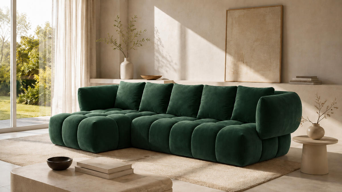 ECKSOFA L-Form, Veloursstoff Bluvel, Grün, Links, SEVIO L - Grün, Holz (242/175cm) - Kaiser Möbel