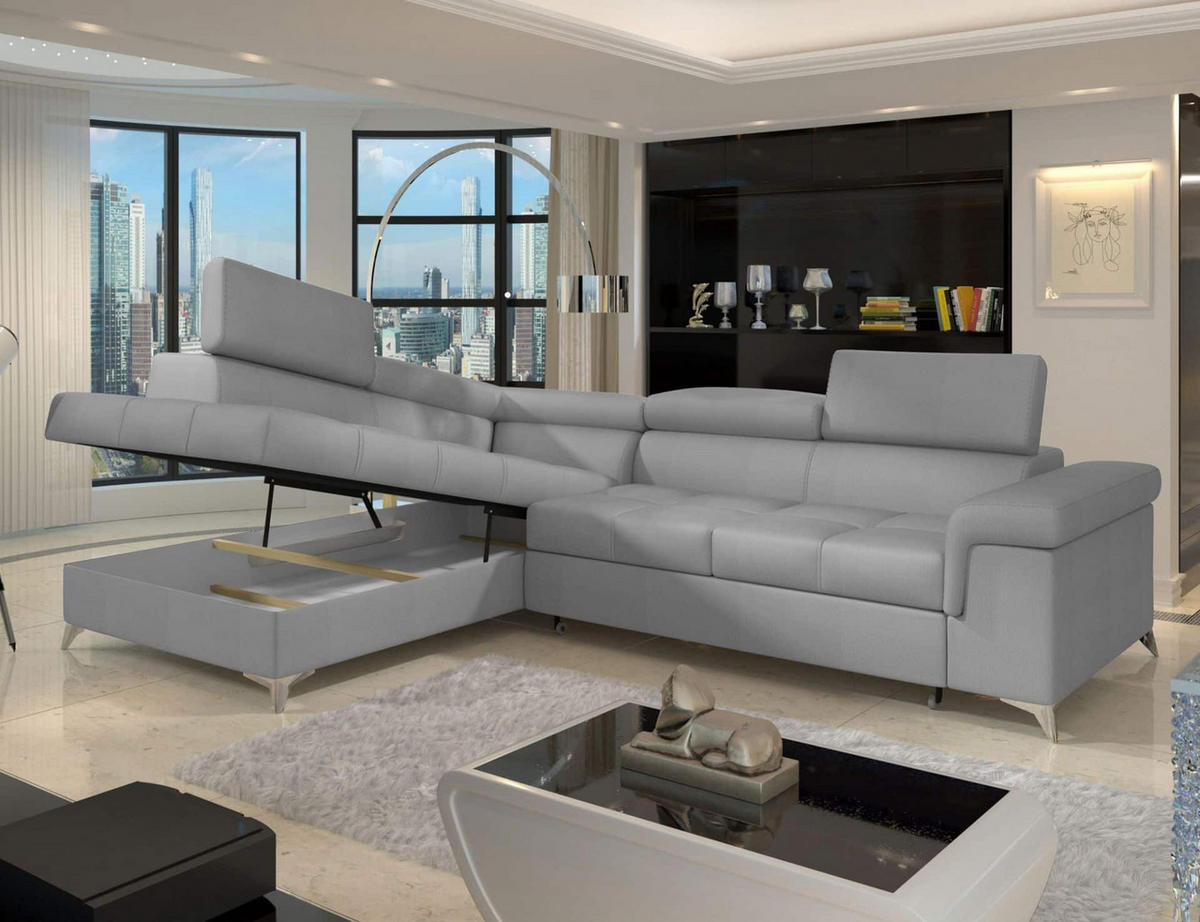 ECKSOFA mit Schlaffunktion und Bettkasten, pflegeleichter Monolith-Stoff - Chromfarben/Grau, Textil/Metall (275/202cm) - Eltap