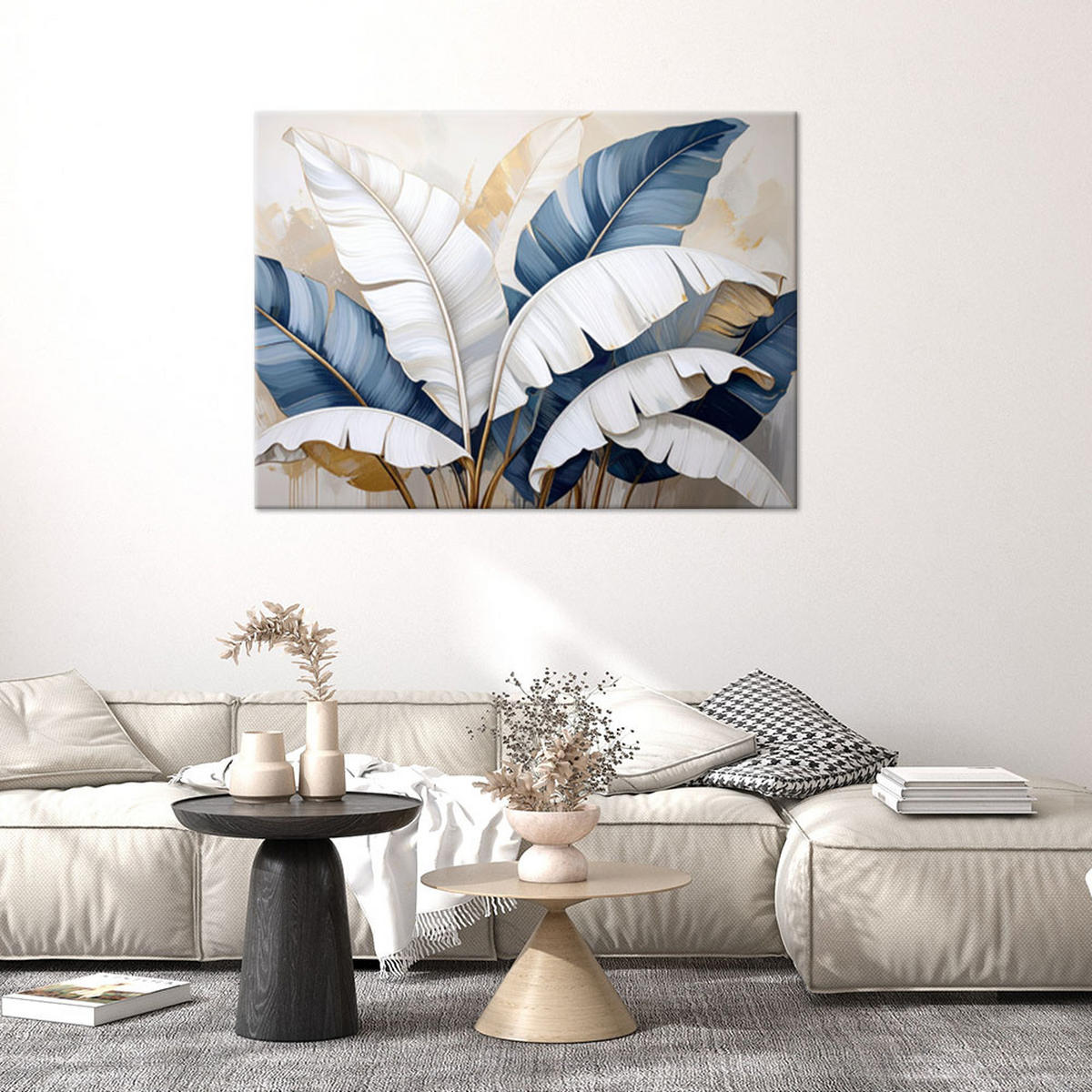 BILD auf Leinwand, Bananenblätter Natur Pflanzen weiß beige - Blau, Textil (45/30cm) - Feeby