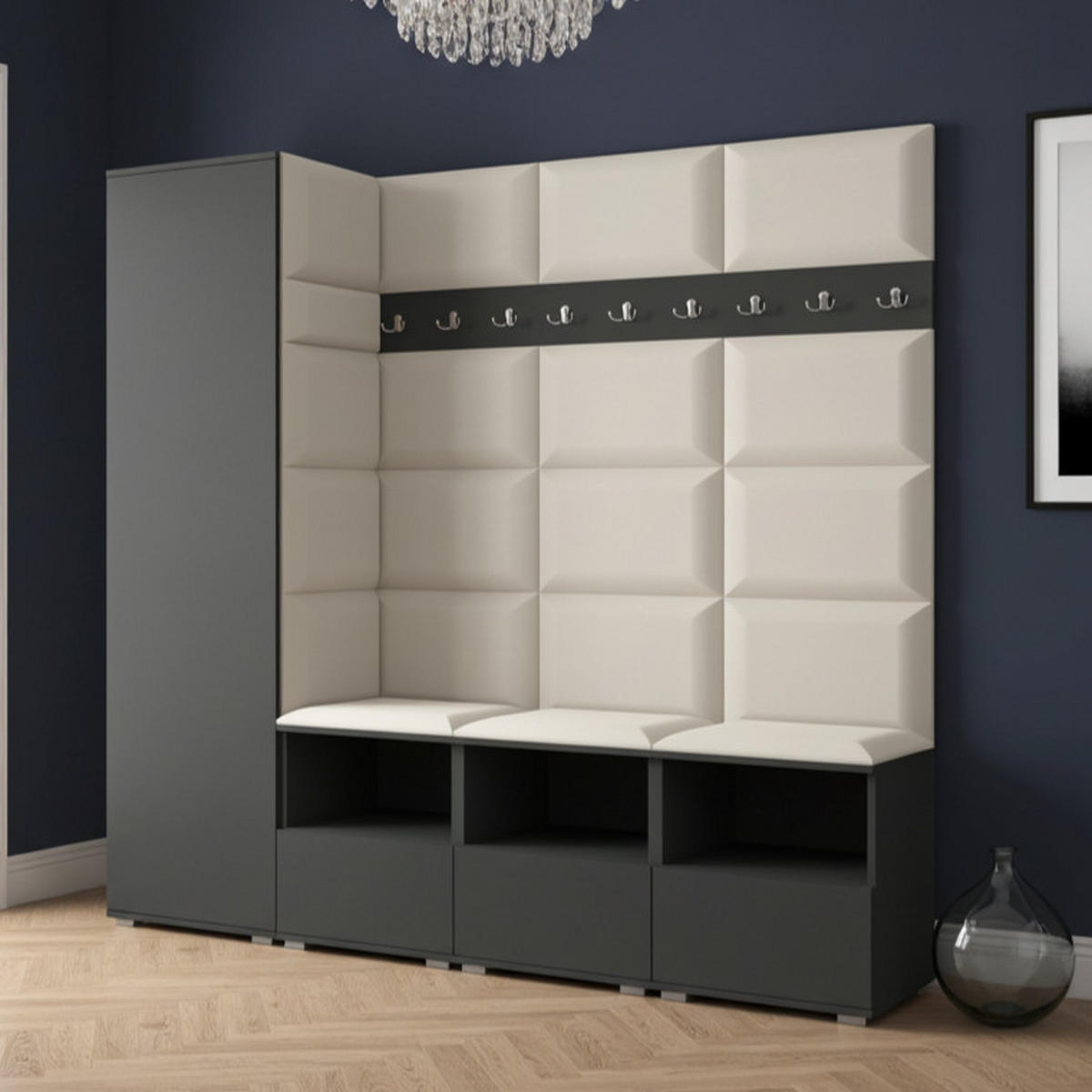 GARDEROBE NELA IX 200 cm (Modulare Flurmöbel Graphit mit Sitzpolster Creme 01 Breite Sitzbank) - Silberfarben/Creme, Holz/Holzwerkstoff (200/187/40cm) - Ravio