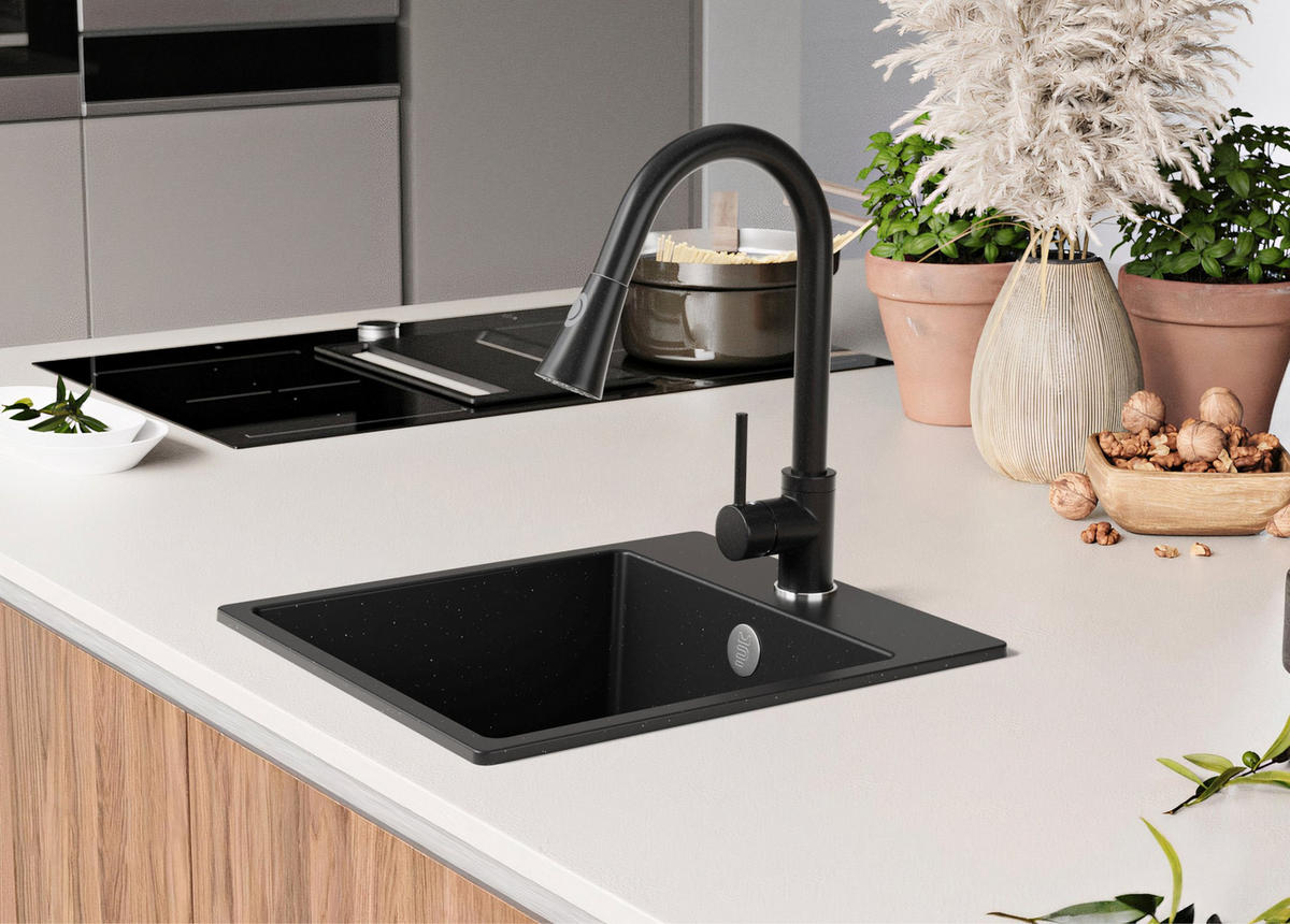 SPÜLBECKEN Riga Easy, 2-er set Schwarz Metallic 38/44 cm 1 Becken + Ablauf-Set ab 40er Unterschrank - Chromfarben/Schwarz Hochglanz, Kunststoff (38/19/44cm) - Primagran