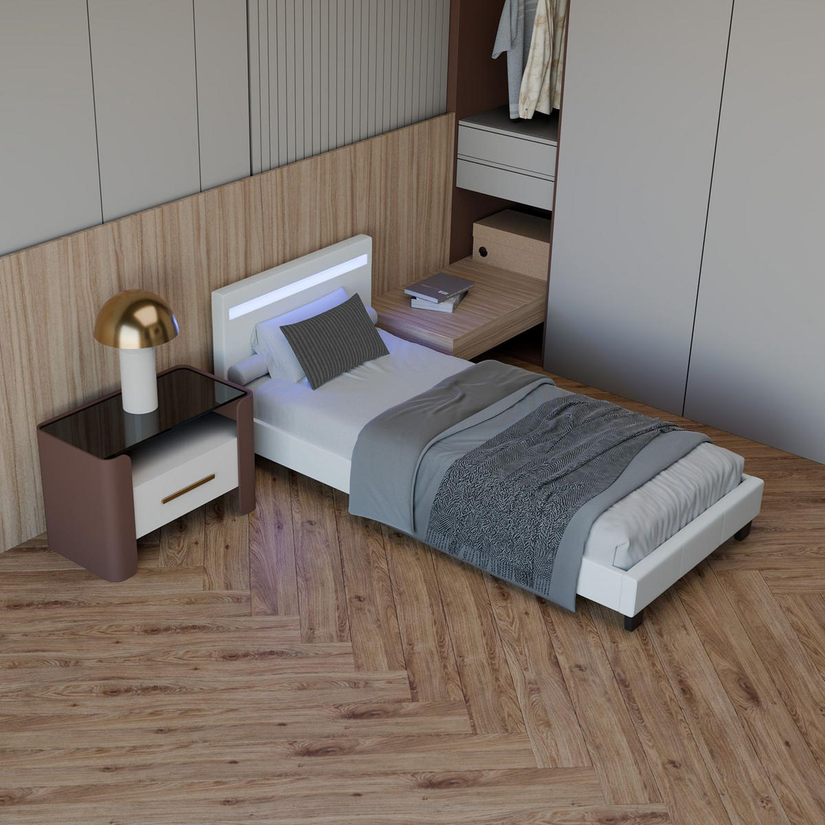 POLSTERBETT Paris mit Matratze und LED weiß 90x200cm - Weiß, Textil (90/200cm) - Juskys