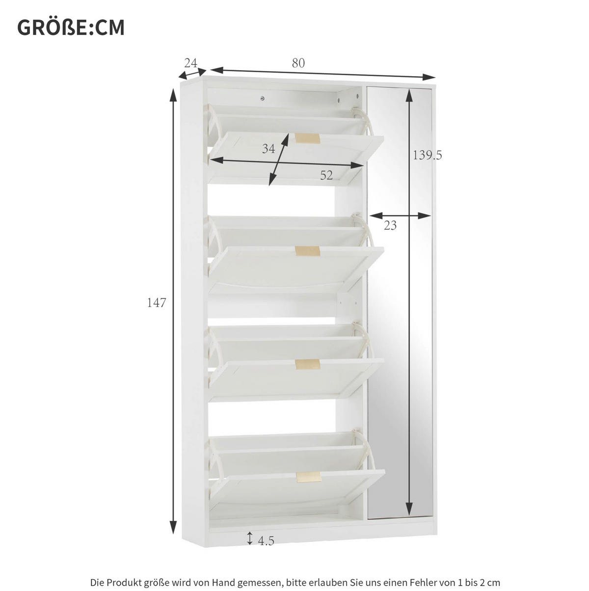 SCHUHSCHRANK mit Spiegeltüren 80 x 147 x 24 cm Weiß - Weiß, Holzwerkstoff (24/147/80cm) - Beauniv
