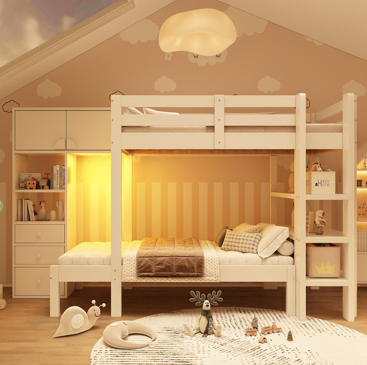 ETAGENBETT 90/200 cm Weiß mit Schrank, Regal und Schubladen - Weiß, Metall (90/200cm) - Flora Grace