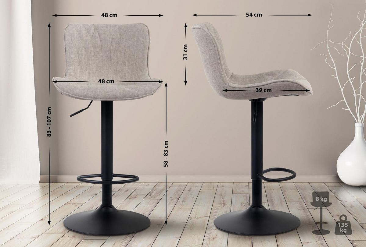 BARHOCKER Linea Stoff taupe - Schwarz/Grau, Textil/Metall (48/107/54cm) - TPFLiving