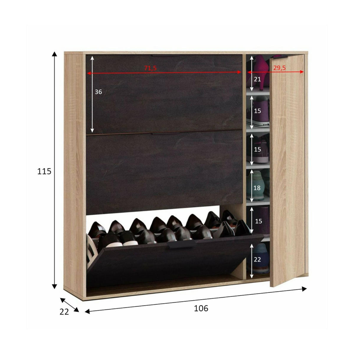 SCHUHSCHRANK Eiche, Schwarz 22/106/115 cm - Wildeiche/Schwarz, Holzwerkstoff (106/115/22cm) - DMORA
